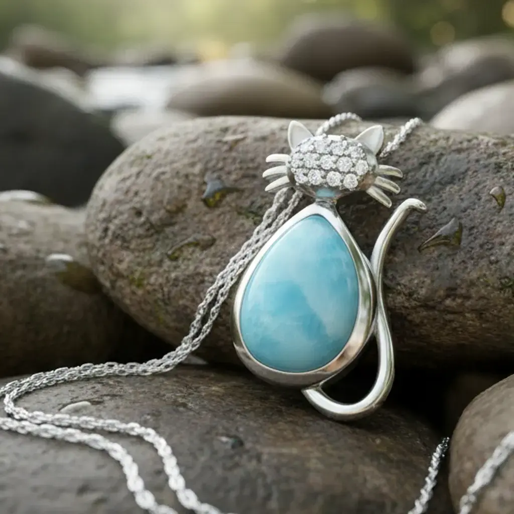 Cat sterling silver necklace with sapphires and larimar