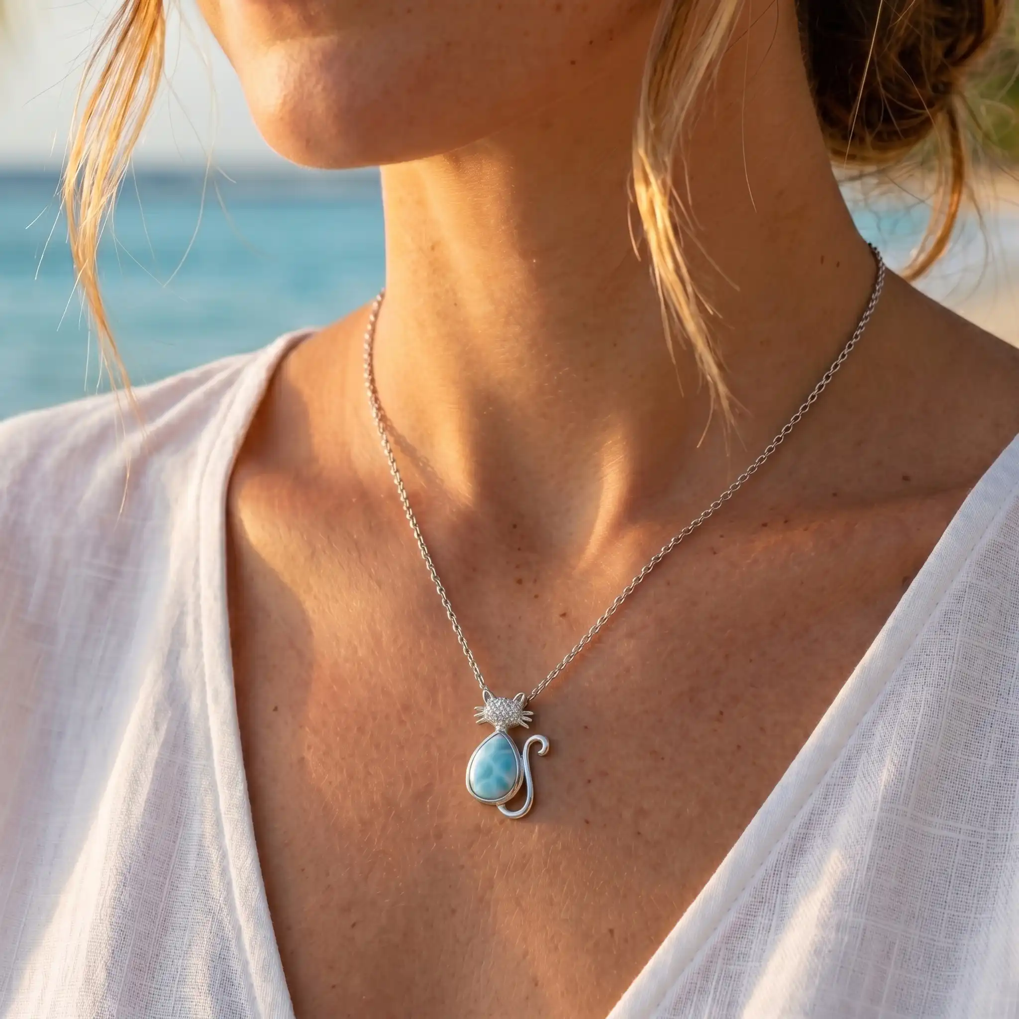 Cat Necklace with sapphires and larimar