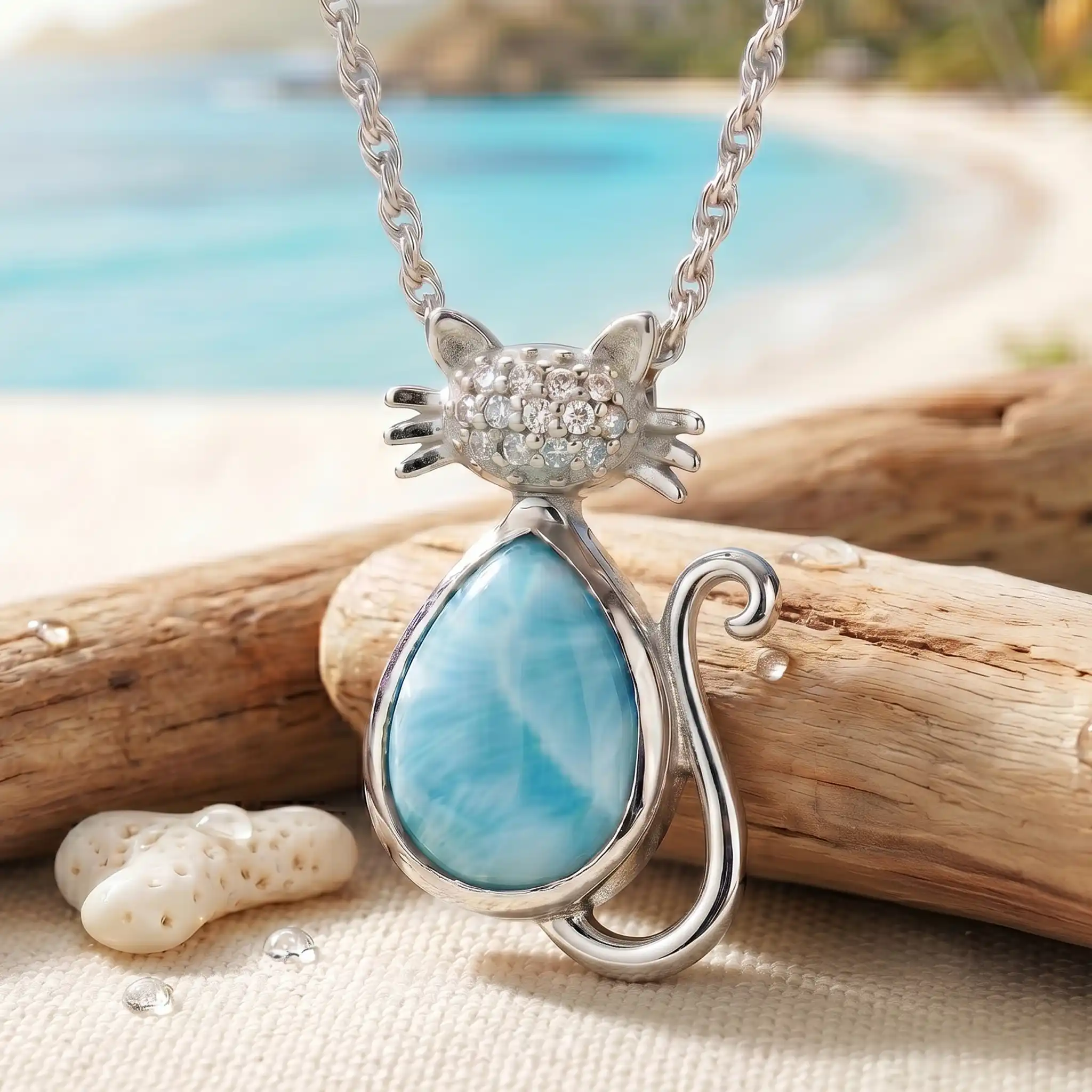Cat sterling silver necklace with sapphires and larimar