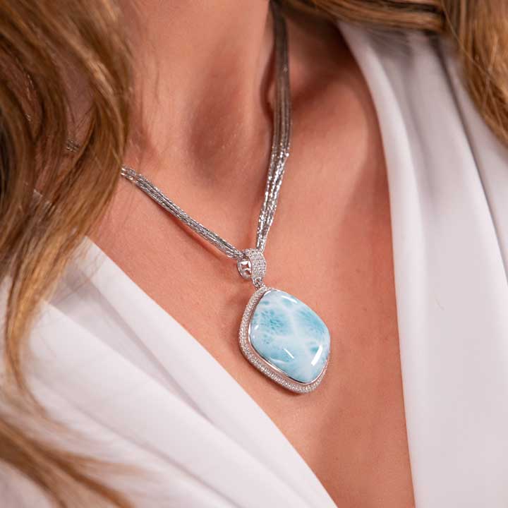 Larimar Sterling Silver Clarity Cushion Large Pendant Necklace Marahlago Jewelry White Sapphire 