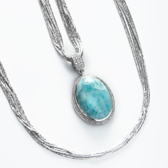 Larimar Sterling Silver Clarity Oval Large Pendant Necklace Marahlago Jewelry White Sapphire 