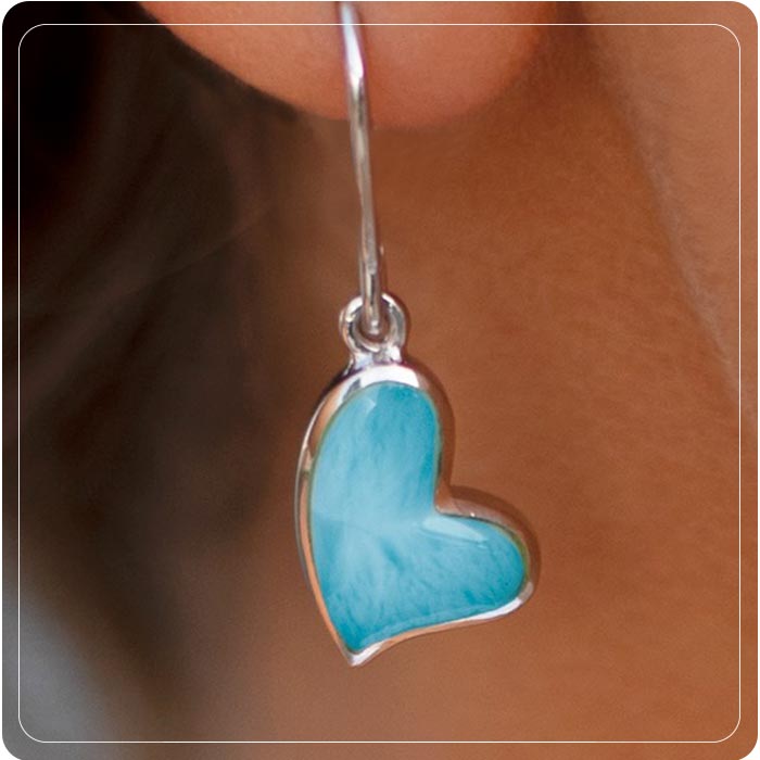 Floating Heart Earrings in sterling silver with natural larimar gemstones by Marahlago Jewelry