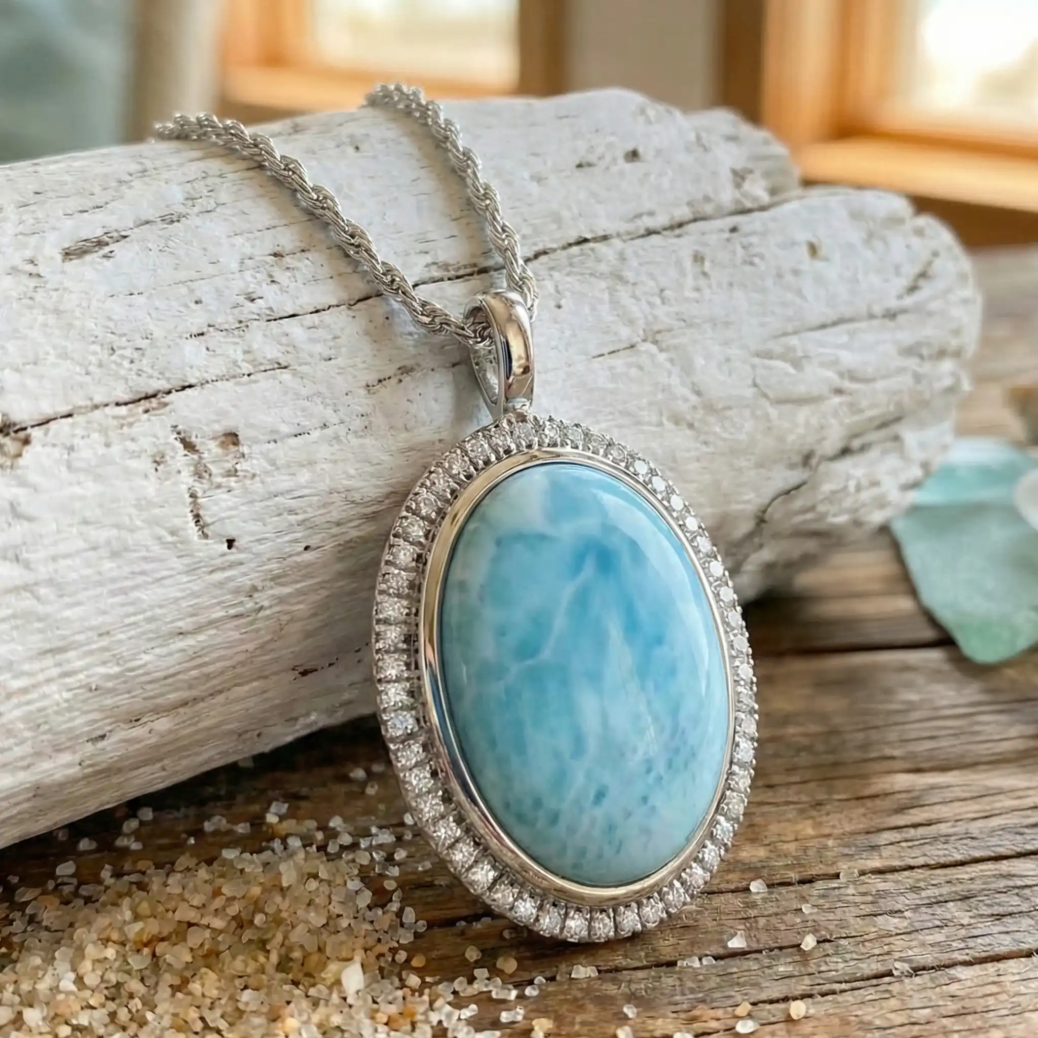 Larimar Sterling Silver Clarity Oval Pendant Necklace Marahlago Jewelry oval Gemstone White Sapphire 