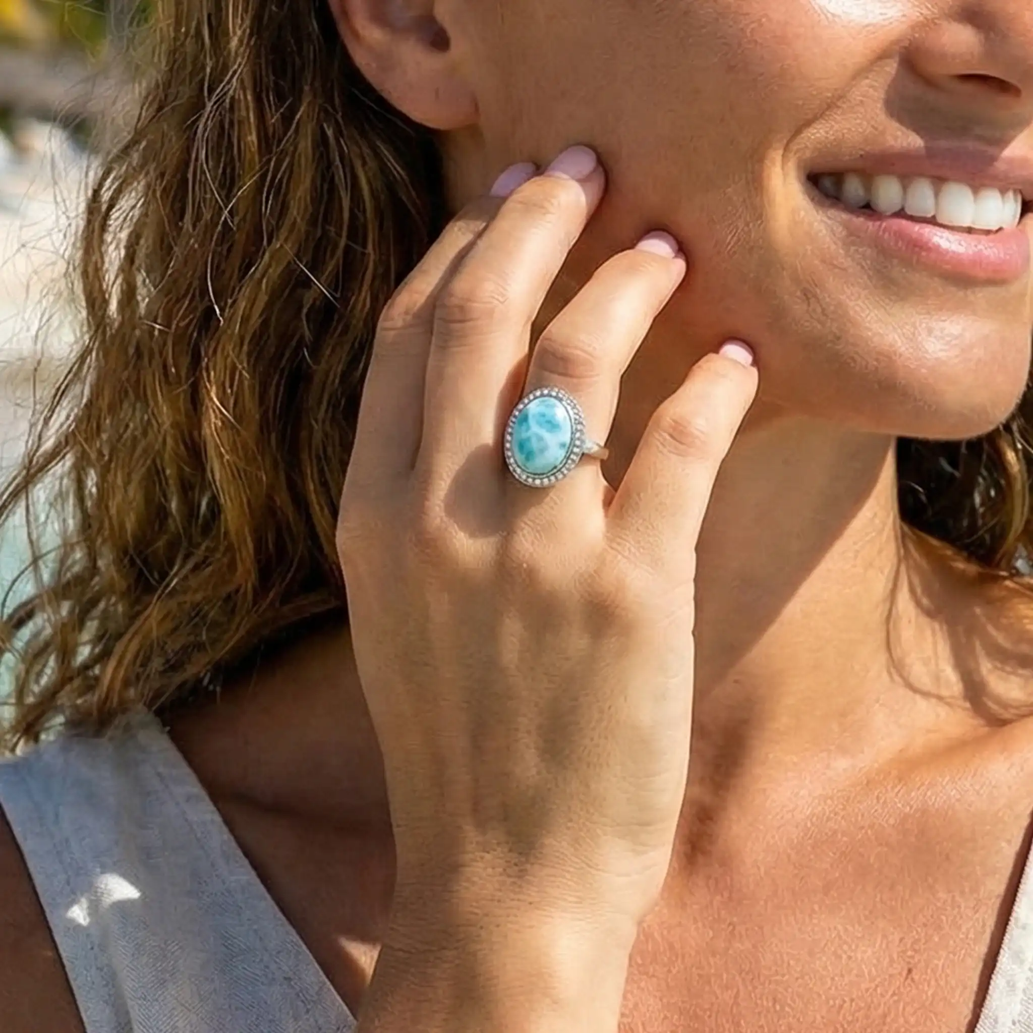 Halo ring in sterling silver and larimar by marahlago