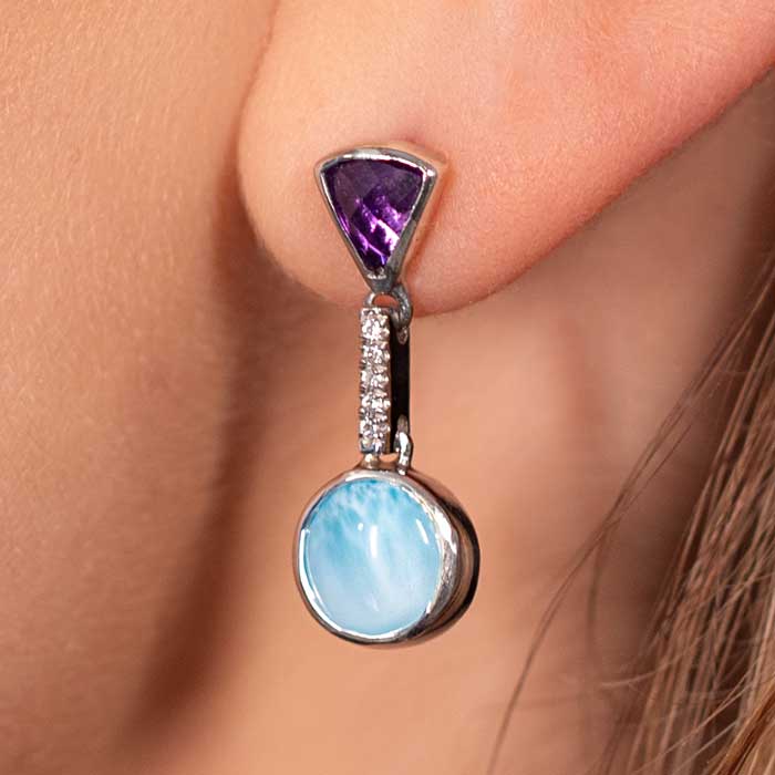 Larimar Sterling Silver Cove Post Earrings Marahlago Jewelry round Gemstone Amethyst White Sapphire