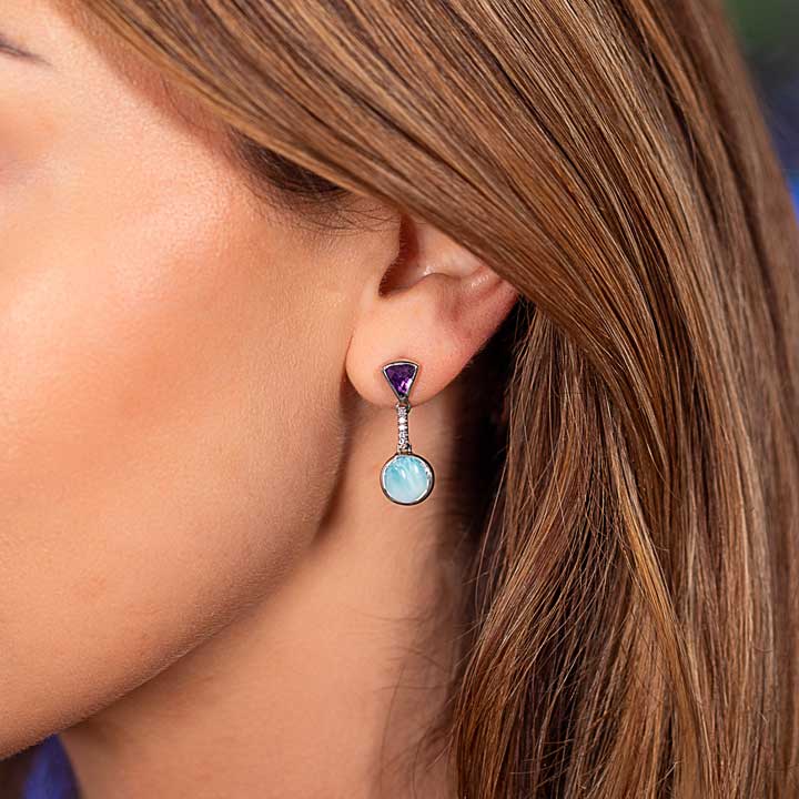 Larimar Sterling Silver Cove Post Earrings Marahlago Jewelry round Gemstone Amethyst White Sapphire