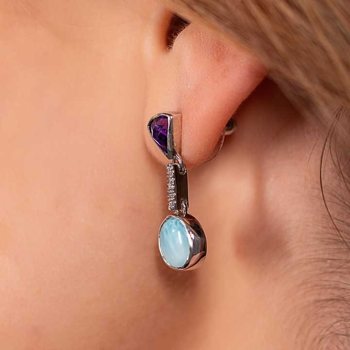 Larimar Sterling Silver Cove Post Earrings Marahlago Jewelry round Gemstone Amethyst White Sapphire