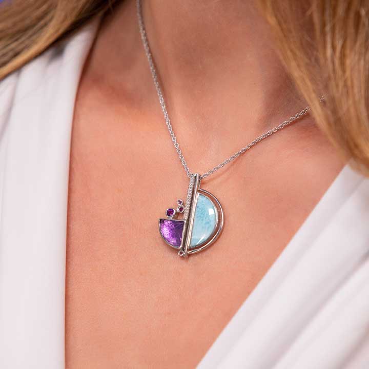 Larimar Sterling Silver Cove Pendant Necklace Marahlago Jewelry Amethyst White Sapphire 