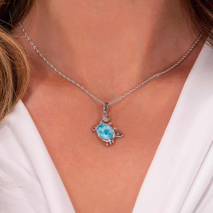 Larimar Sterling Silver Crab Sapphire Pendant Necklace Marahlago Jewelry round Gemstone White Sapphire 
