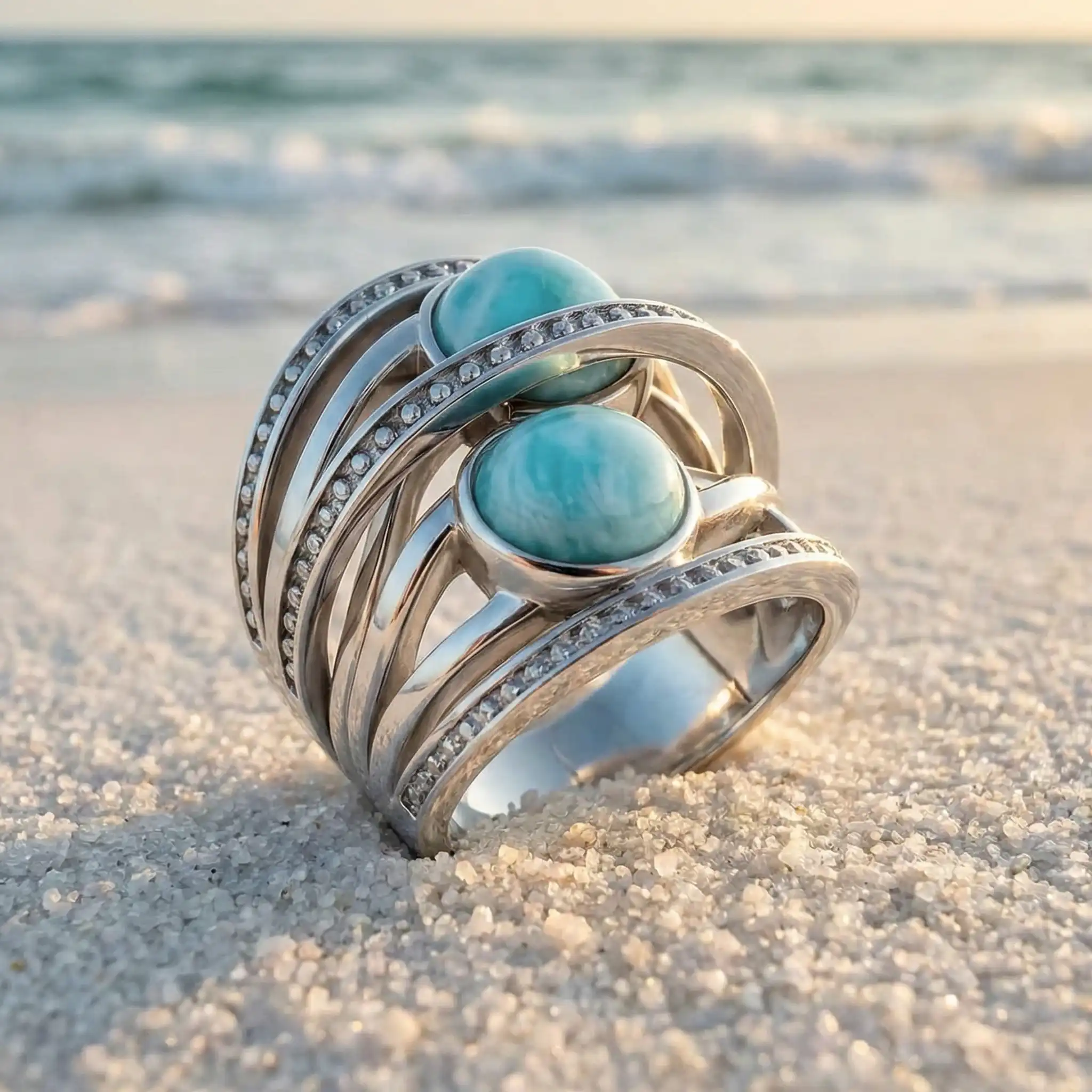 Crossover ring in Sterling silver with larimar