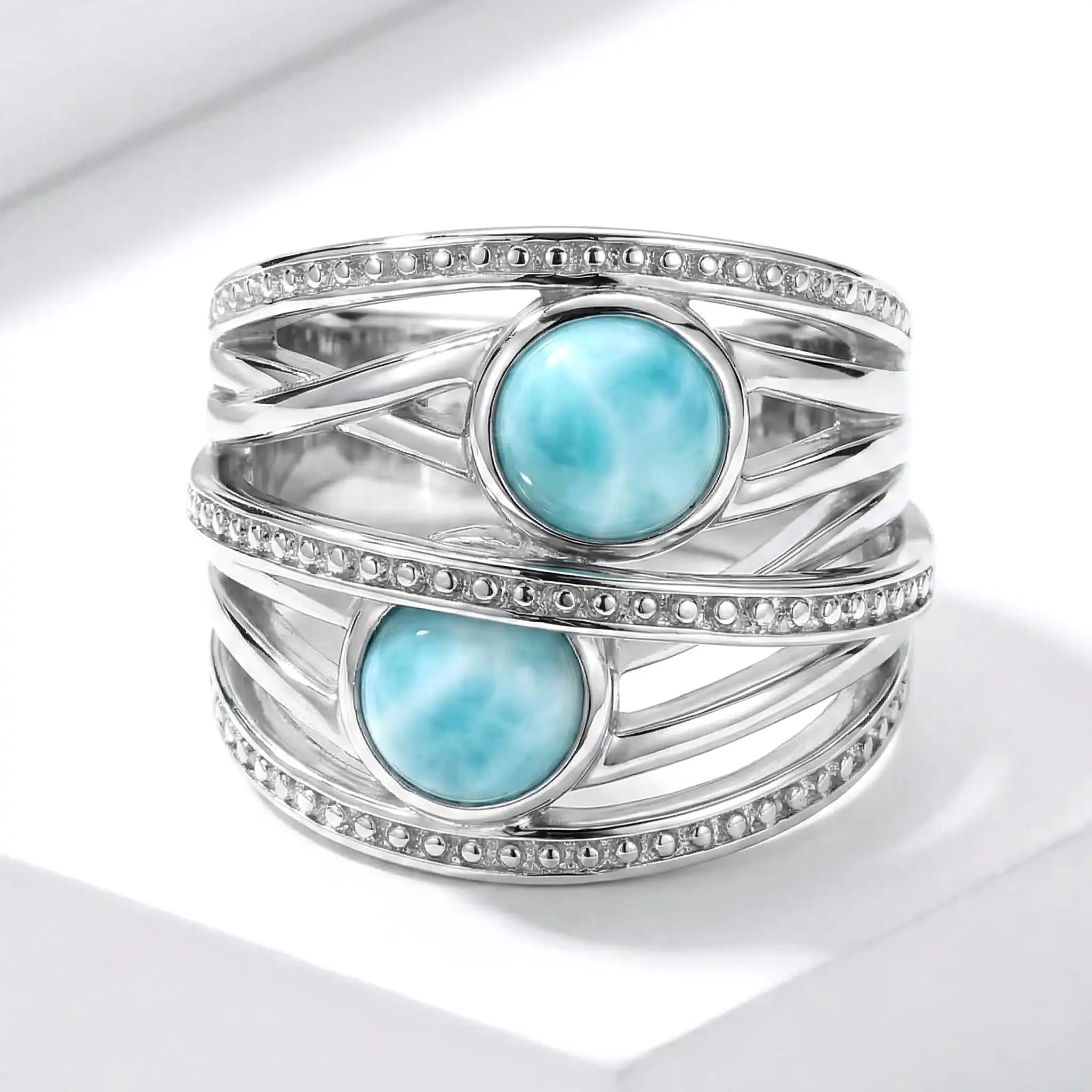 Crossover ring in Sterling silver with larimar