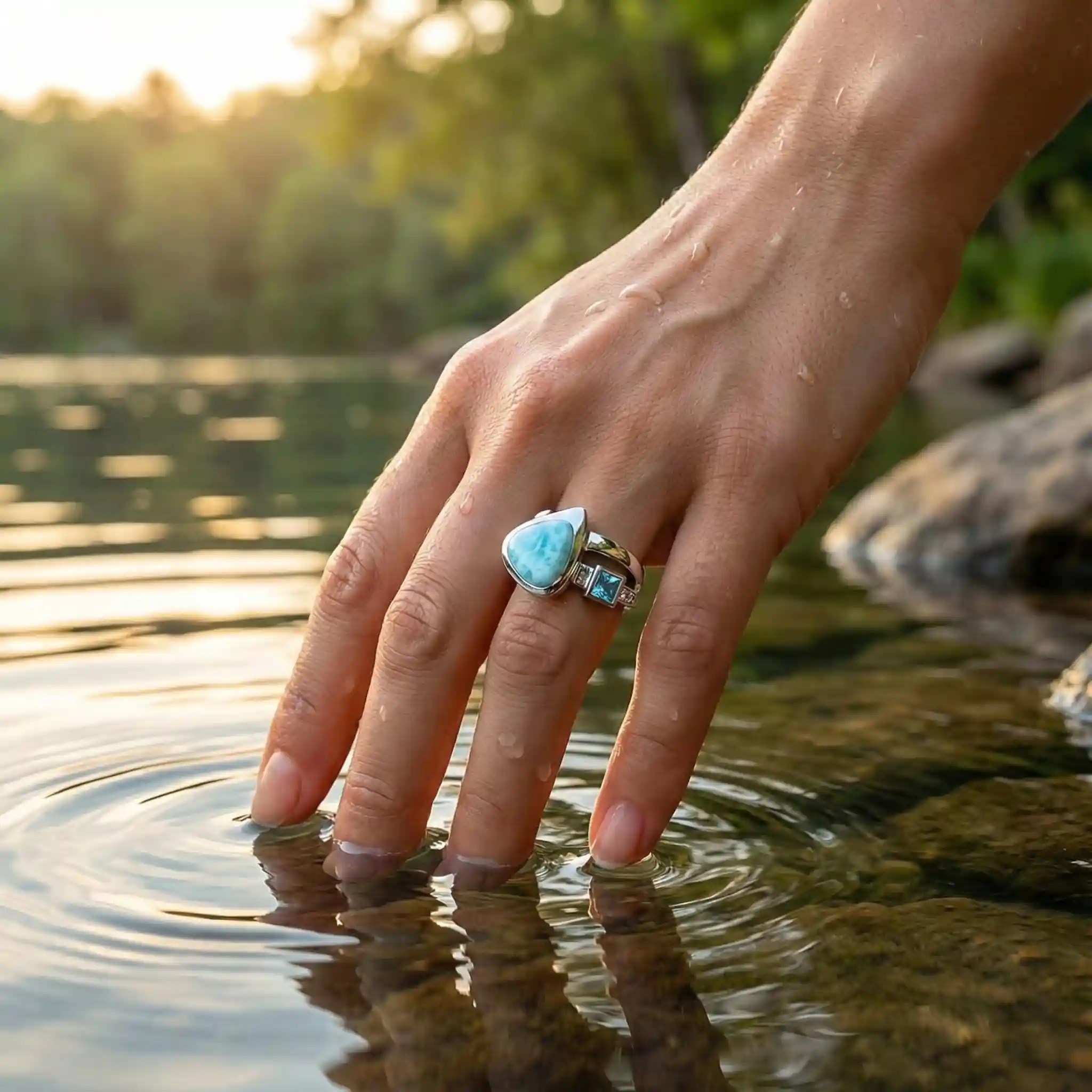 Blue Topaz Larimar Sterling Silver Curva Ring Marahlago Jewelry White Topaz 