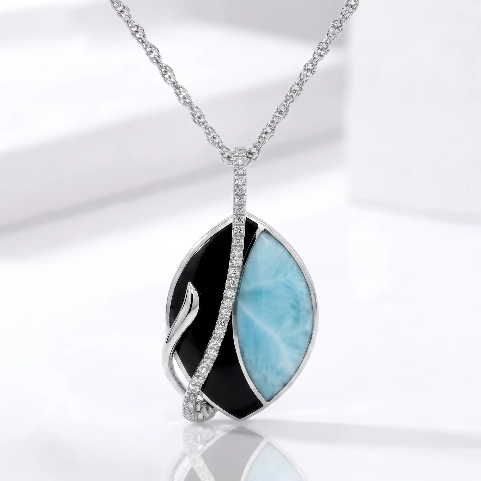 Black Onyx Necklace in Sterling silver with larimar  