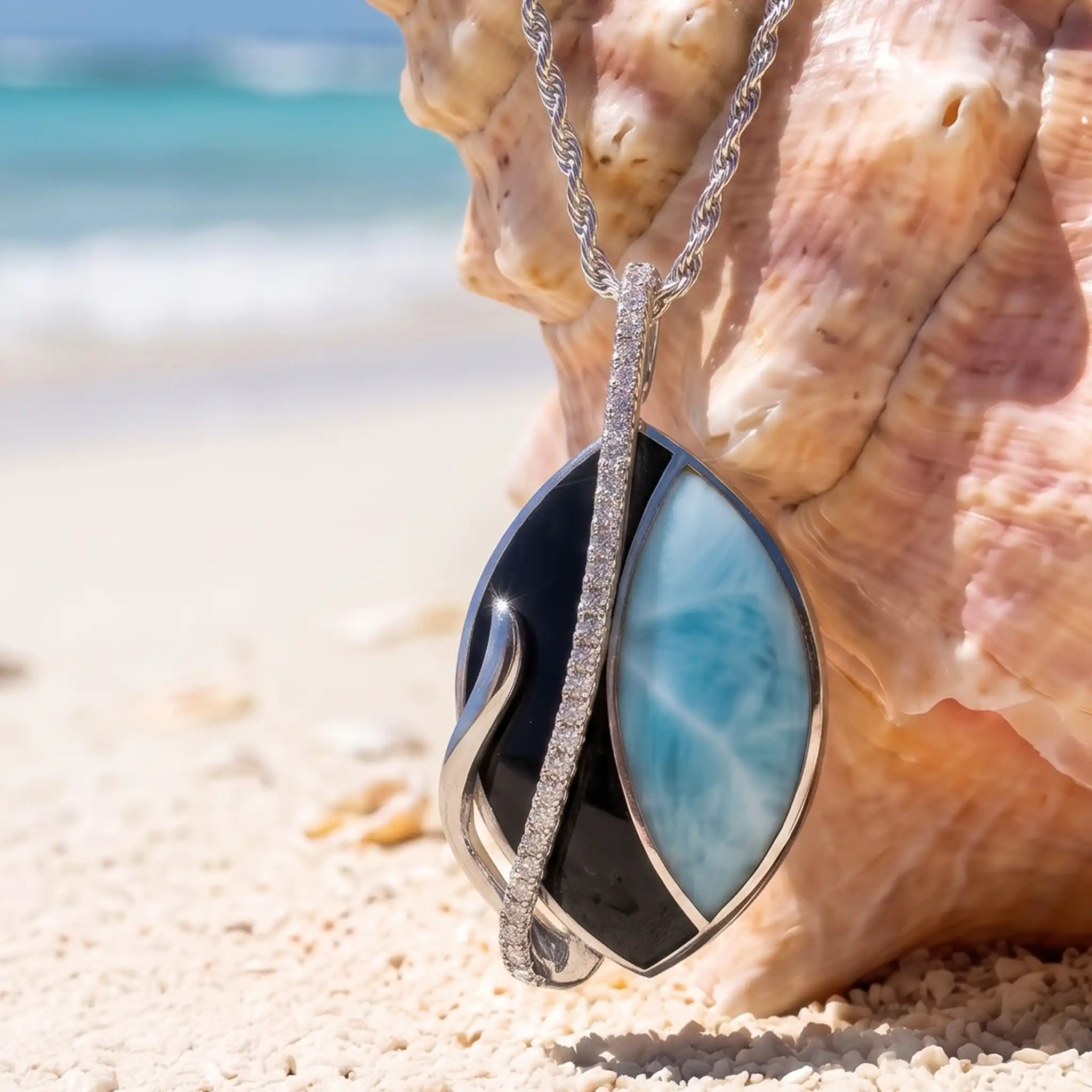 Black Onyx Necklace in Sterling silver with larimar  