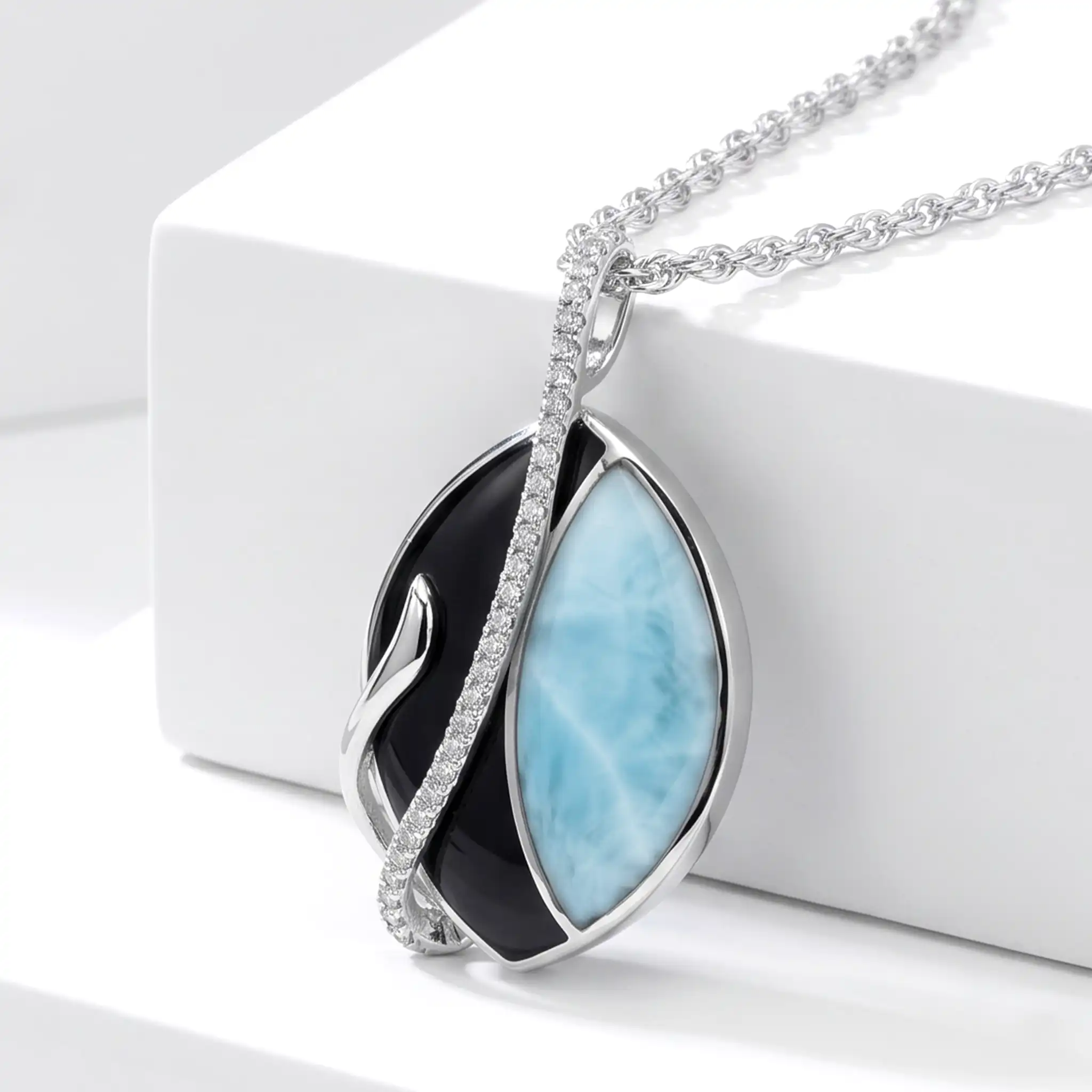 Black Onyx Necklace in Sterling silver with larimar  