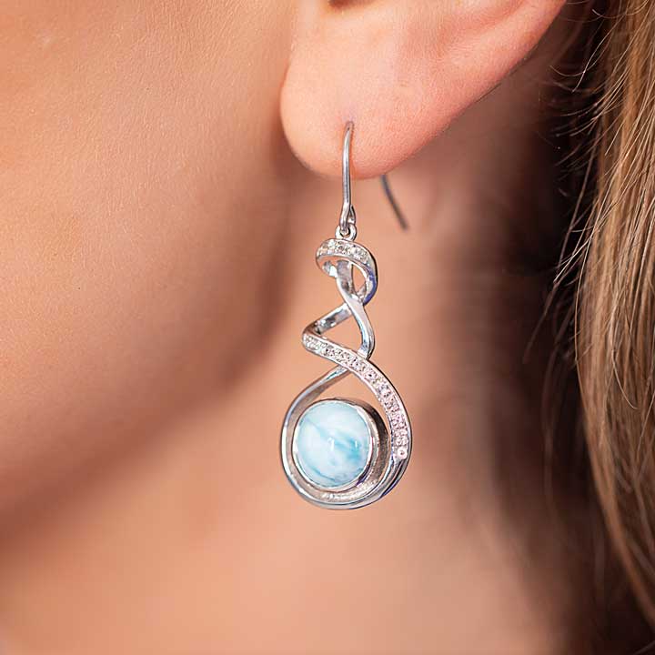 Larimar Sterling Silver Dante Wire Earrings Marahlago Jewelry round Gemstone White Sapphire