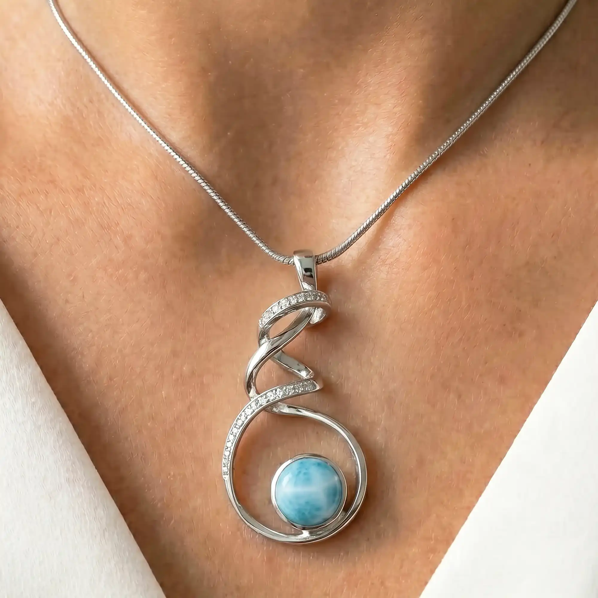 Larimar Sterling Silver Dante Large Pendant Necklace Marahlago Jewelry round Gemstone White Topaz 