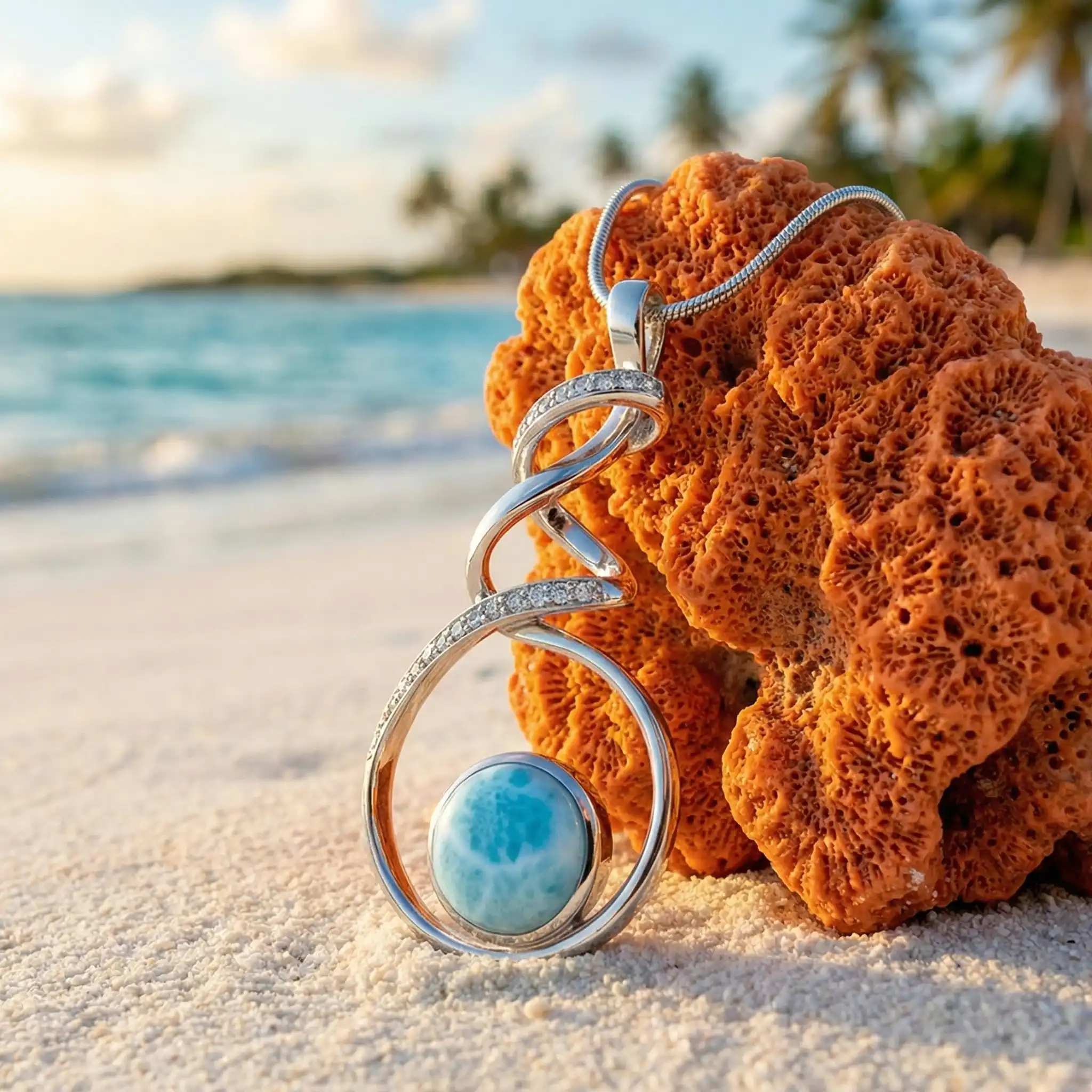 Larimar Sterling Silver Dante Large Pendant Necklace Marahlago Jewelry round Gemstone White Topaz 