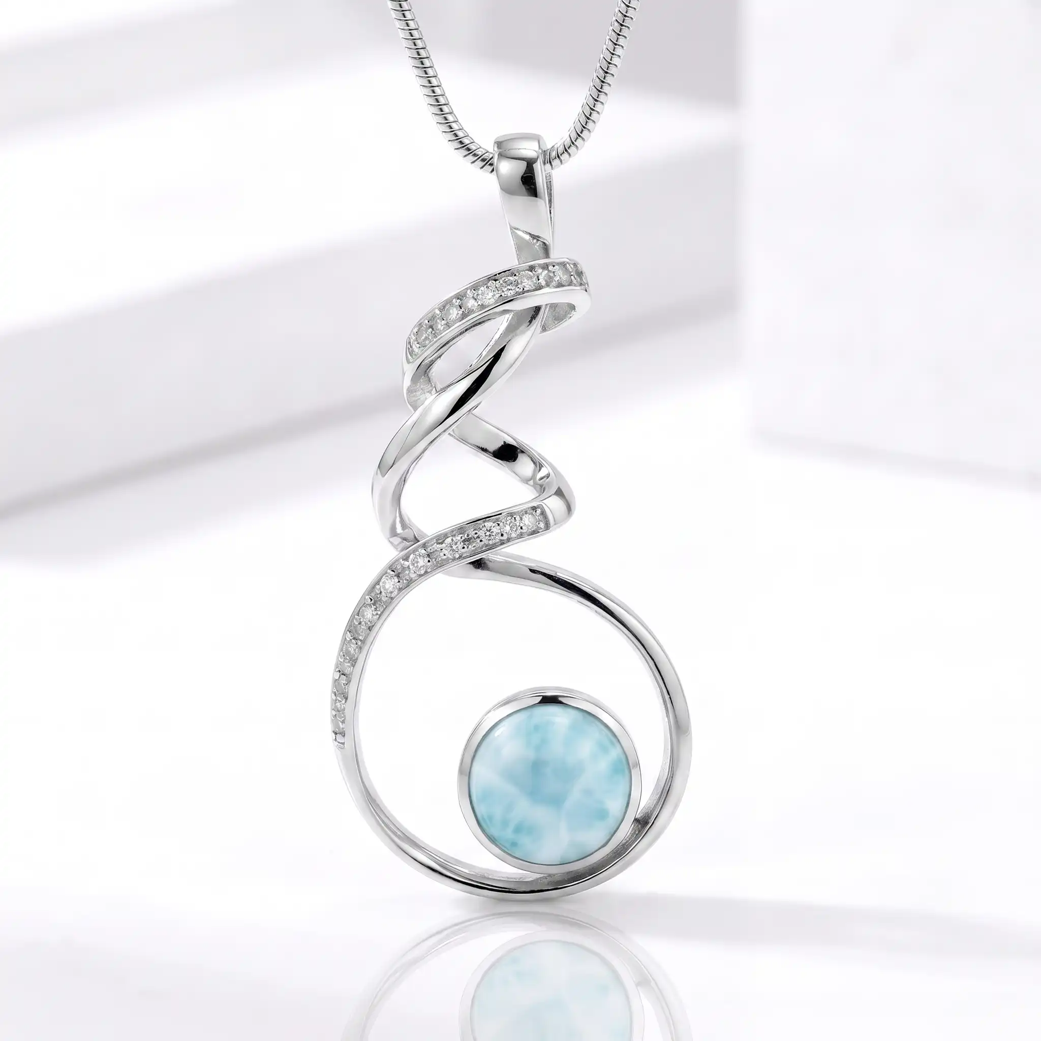Larimar Sterling Silver Dante Large Pendant Necklace Marahlago Jewelry round Gemstone White Topaz 