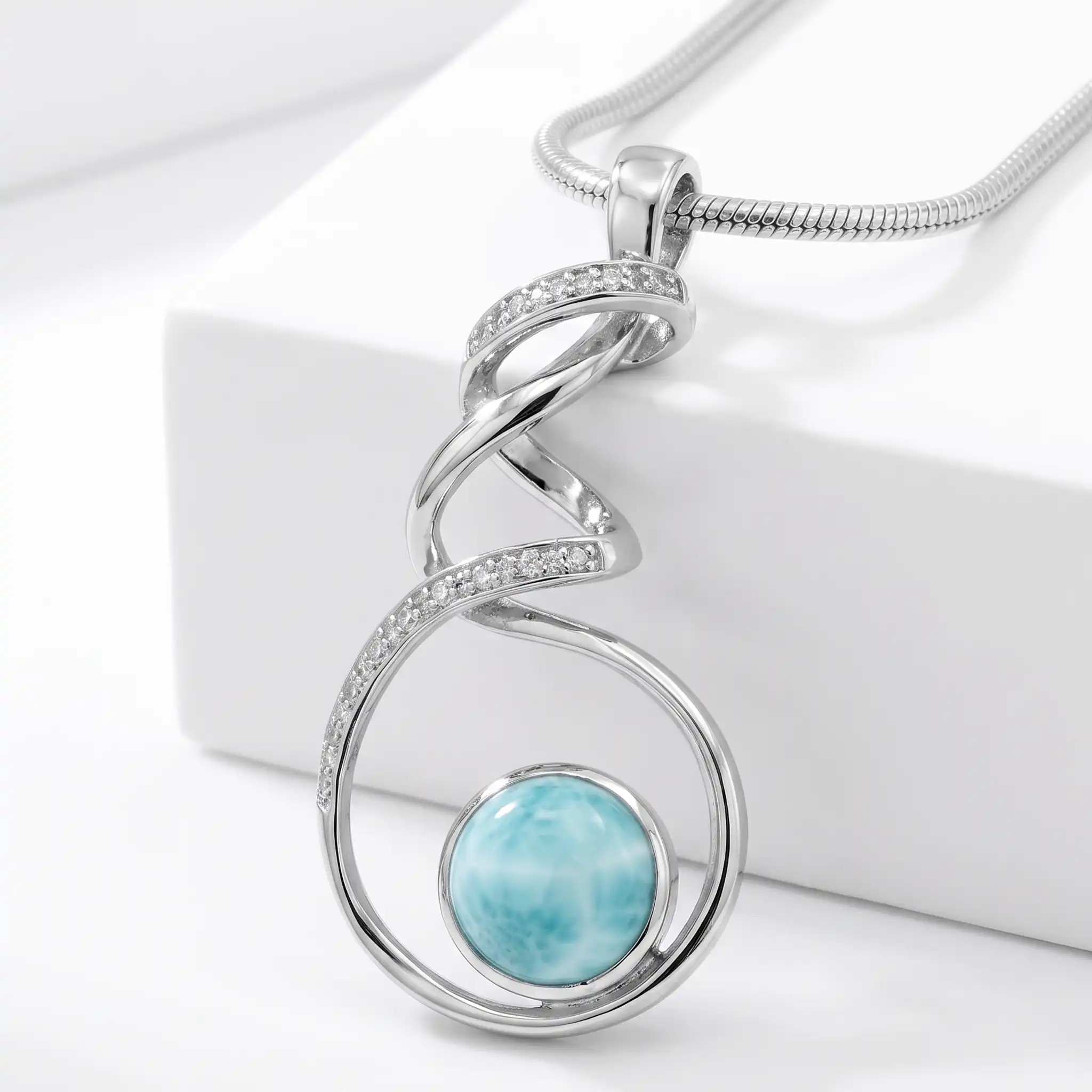 Larimar Sterling Silver Dante Large Pendant Necklace Marahlago Jewelry round Gemstone White Topaz 