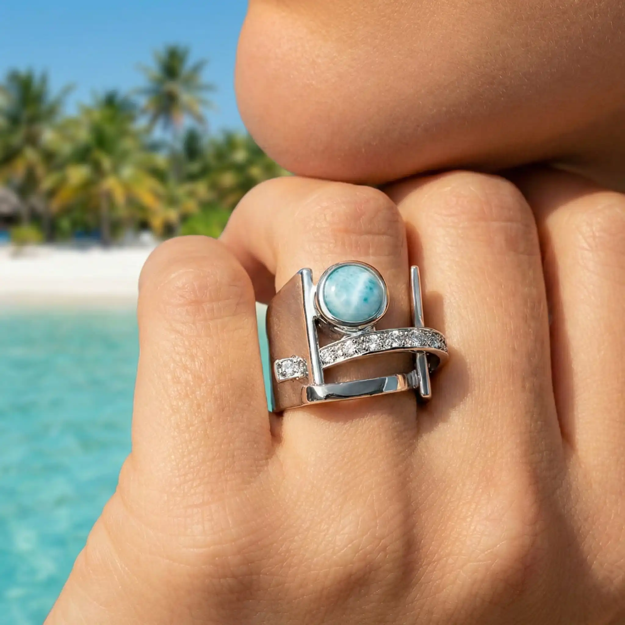 Larimar Dante Sterling Silver Ring Genuine Gemstone Marahlago