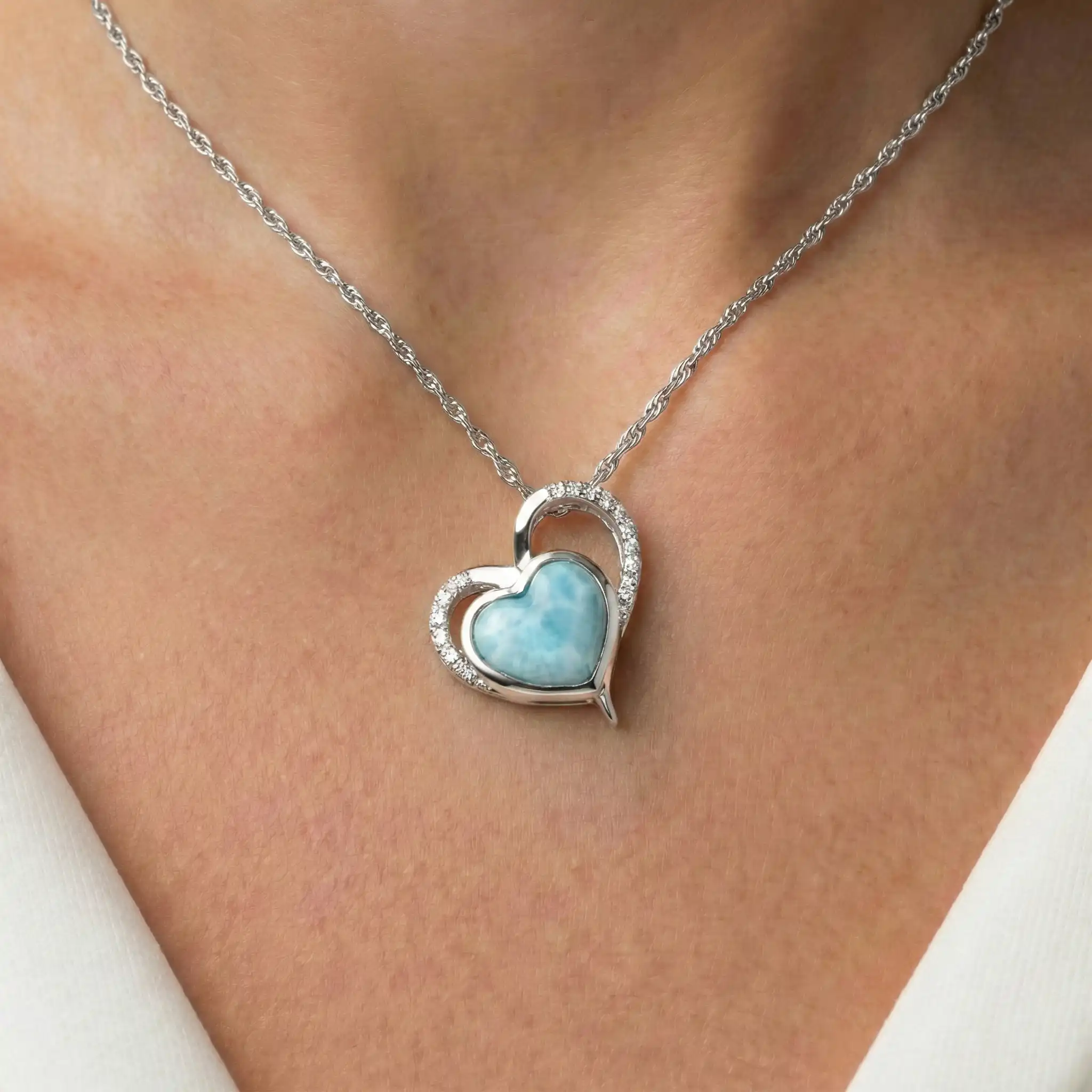 Darling Heart Pendant with White Sapphire and larimar by Marahlago. 