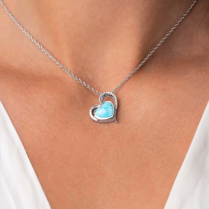 Darling Heart Pendant with White Sapphire and larimar by Marahlago. 