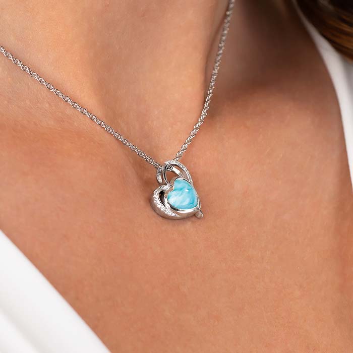 Darling Heart Pendant with White Sapphire and larimar by Marahlago. 