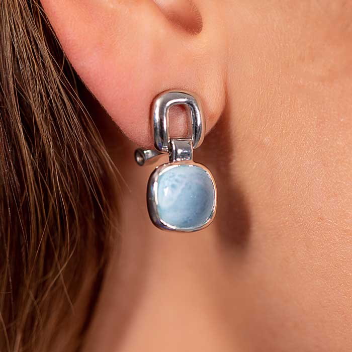 Larimar Sterling Silver Del Mar Omega Earrings Marahlago Jewelry square Gemstone