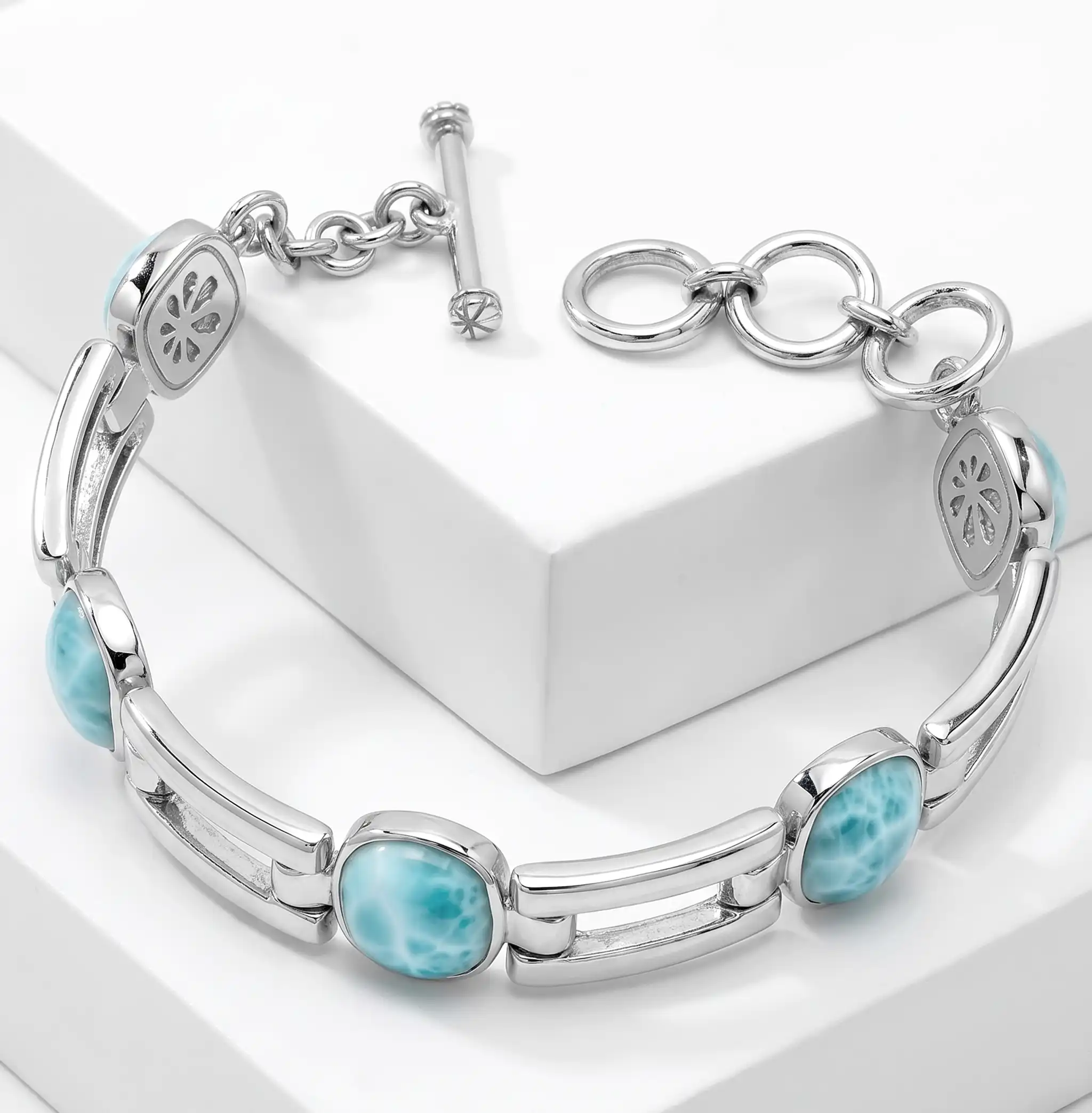 Larimar Sterling Silver Adjustable Link Bracelet Marahlago Jewelry Del Mar square Gemstone 