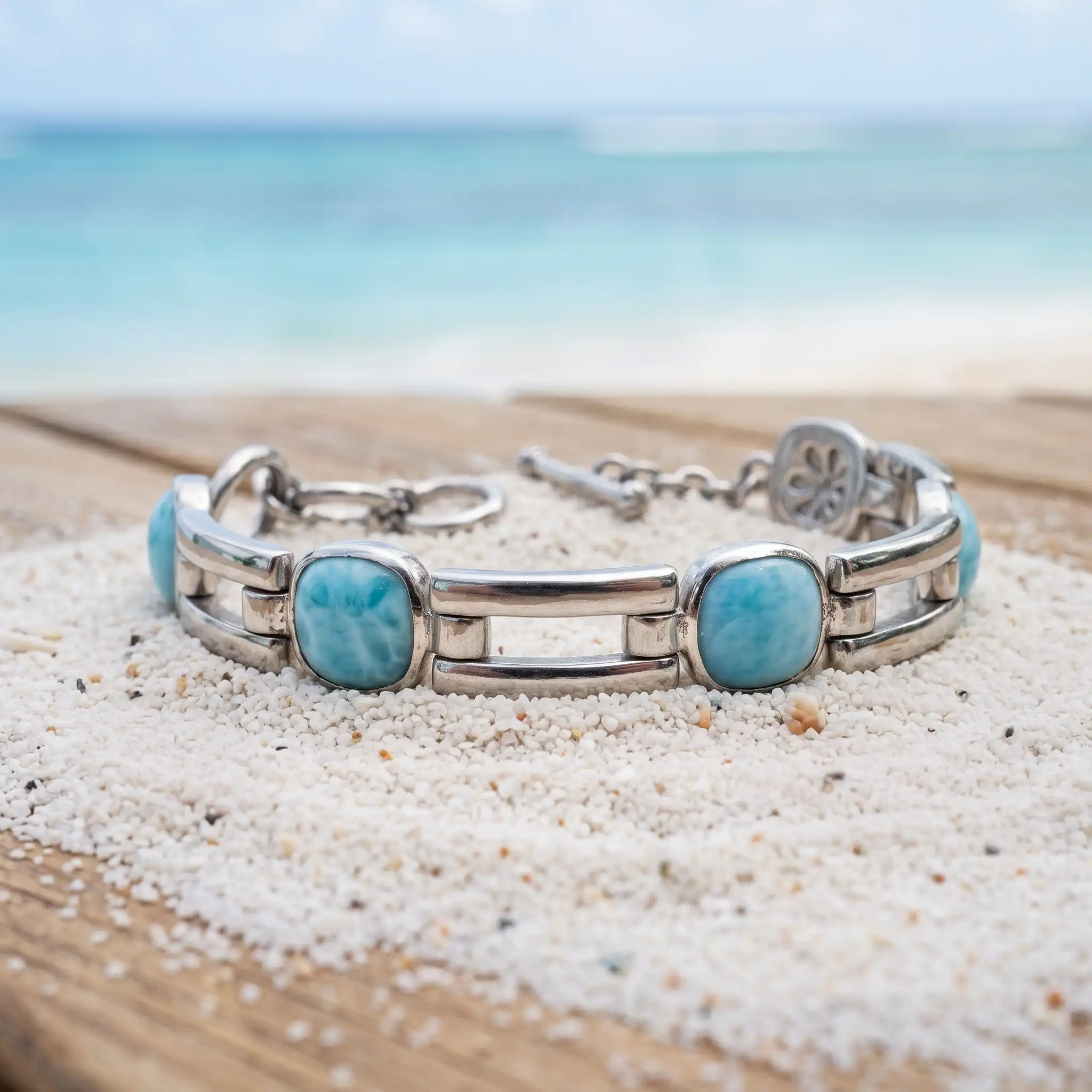 Larimar Sterling Silver Adjustable Link Bracelet Marahlago Jewelry Del Mar square Gemstone 