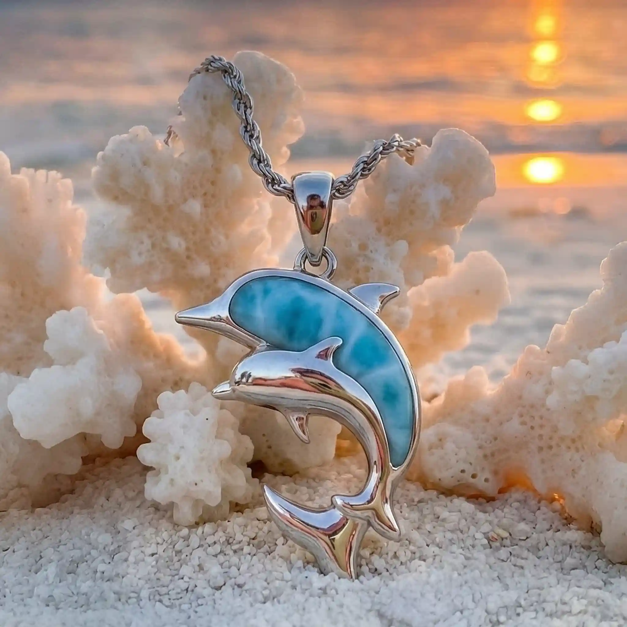 Dolphin And Baby Necklace  in sterling silver