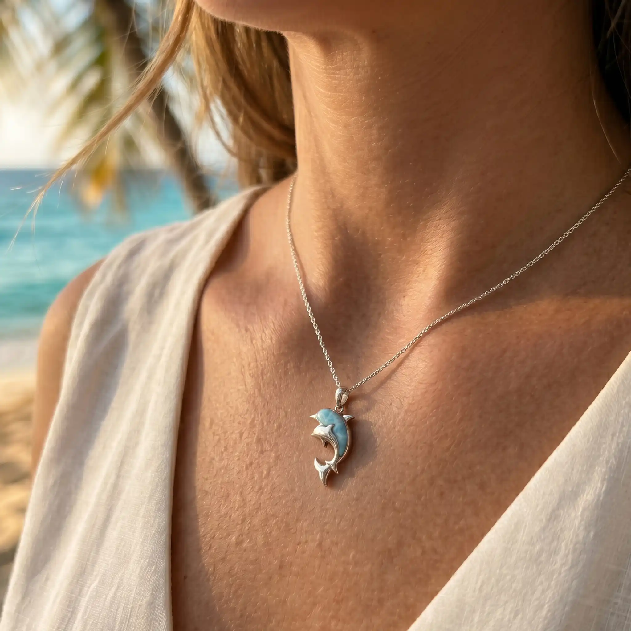 Dolphin And Baby Necklace  in sterling silver