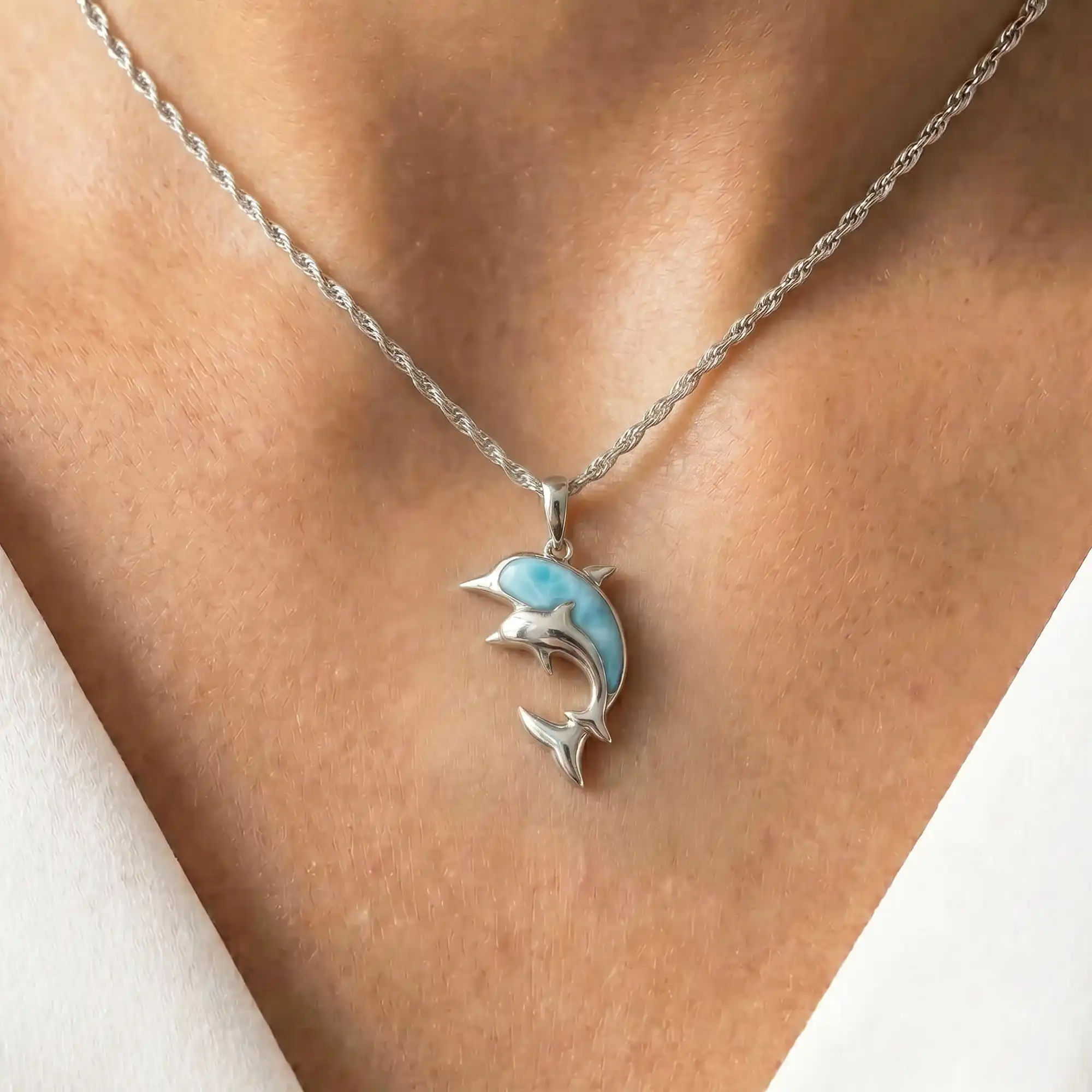 Dolphin And Baby Necklace  in sterling silver