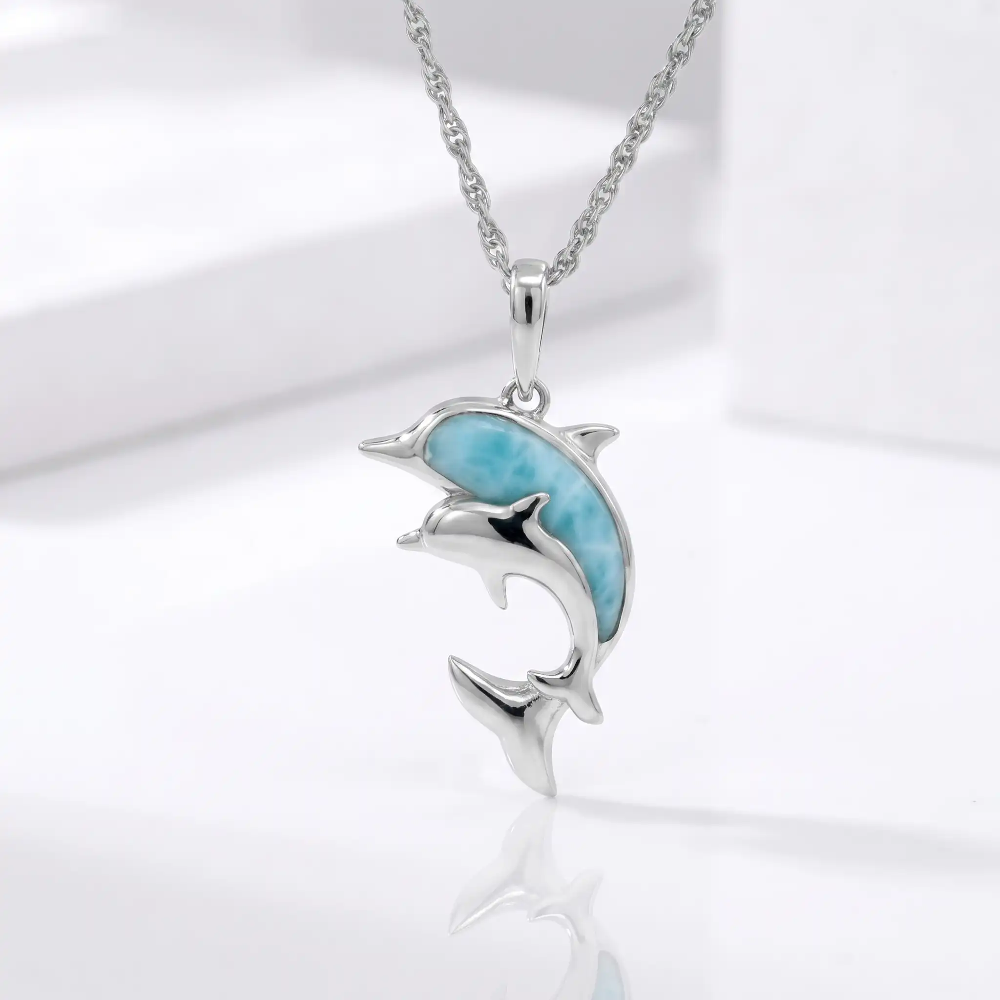 Dolphin And Baby Necklace  in sterling silver