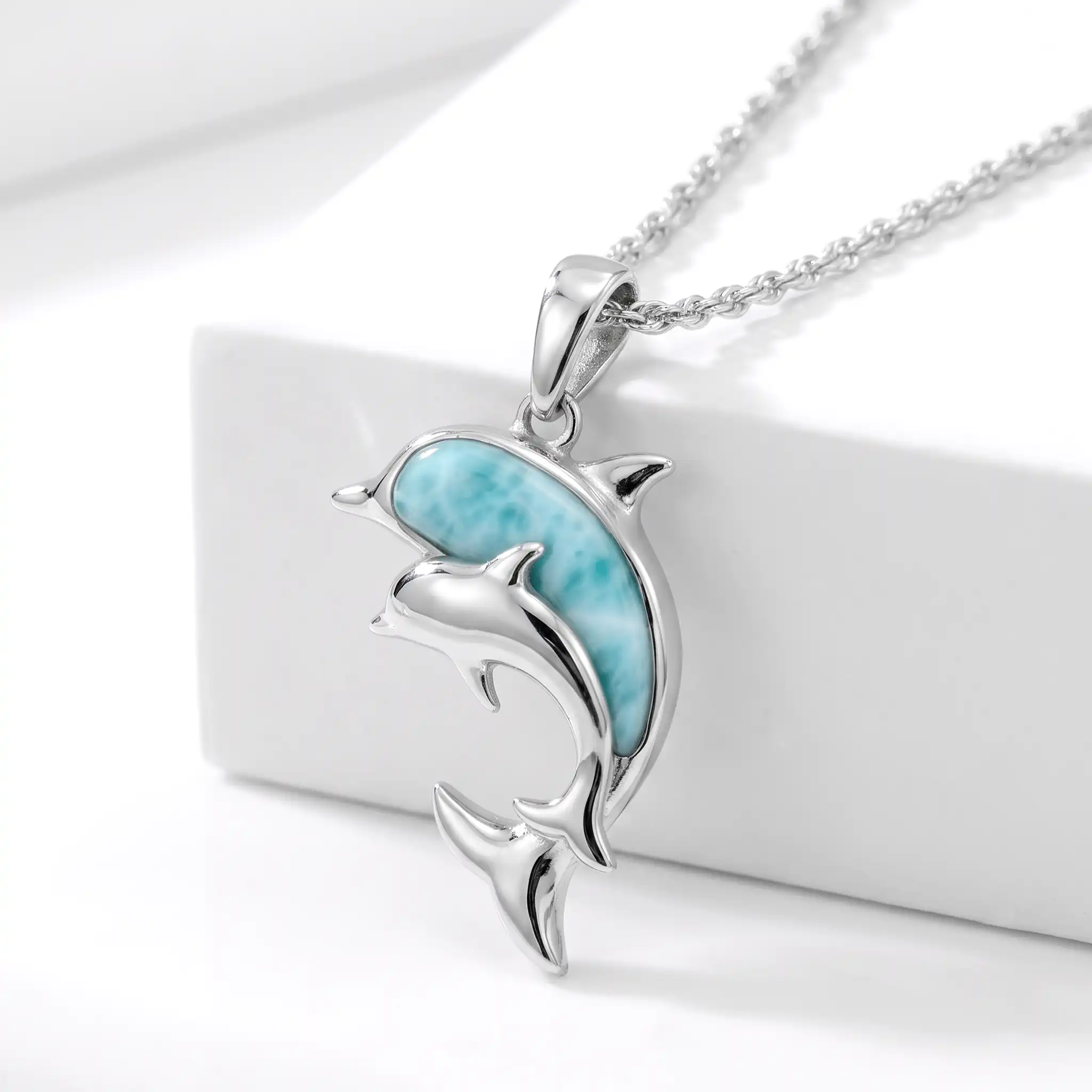 Dolphin And Baby Necklace  in sterling silver