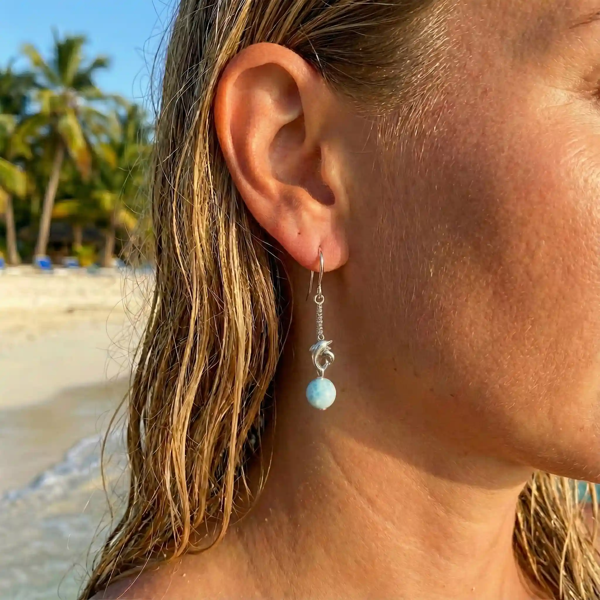 Dolphin Dangle Larimar Earrings Sterling Silver