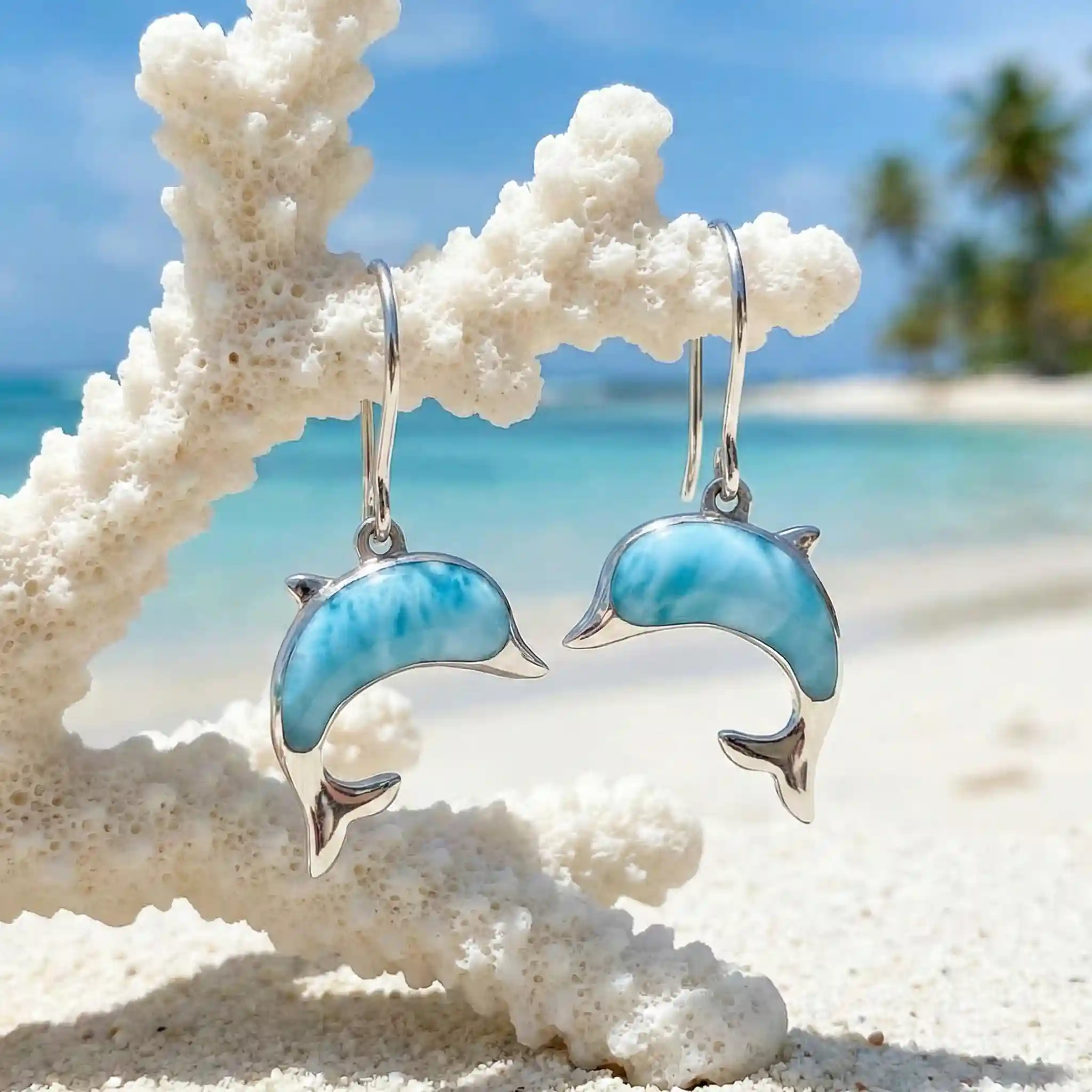 Dolphin Earrings set in sterling silver by Marahlago Larimar