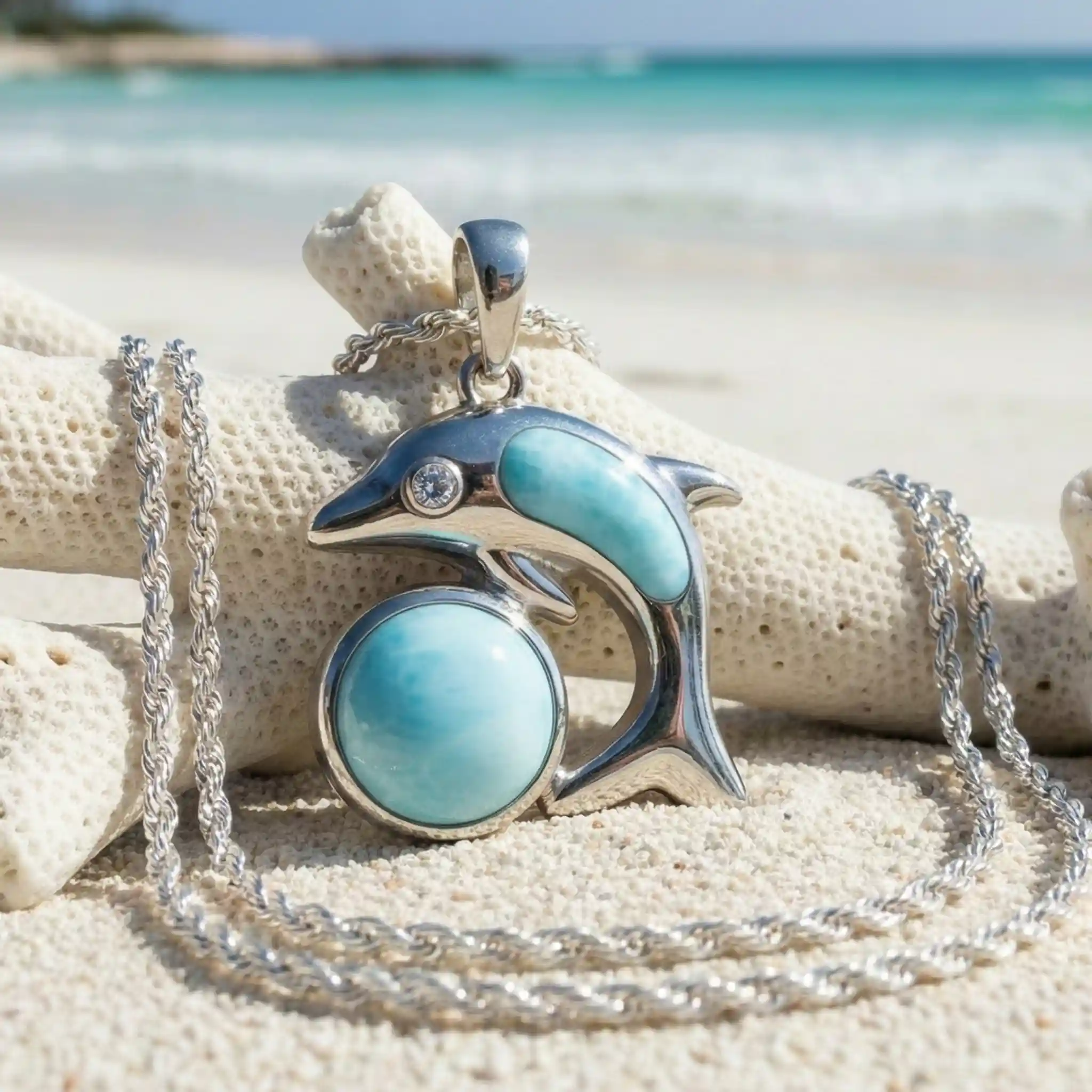 Dolphin Necklace in sterling silver larimar