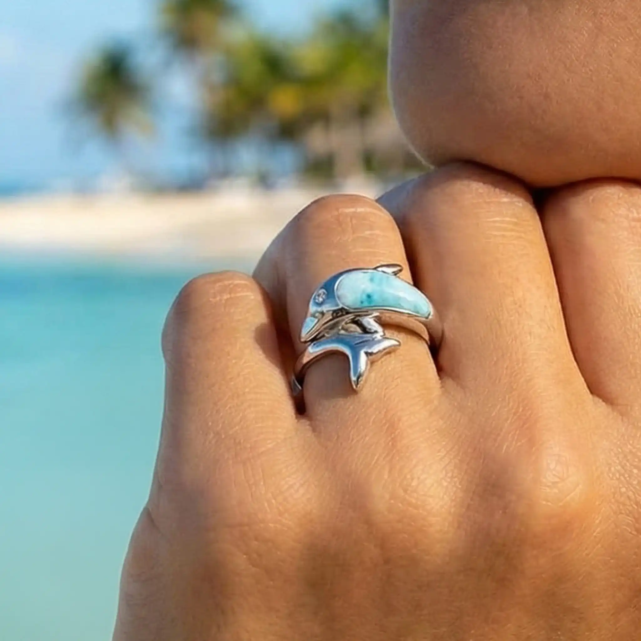 Dolphin Ring in sterling silver with larimar stones by Marahlago Jewelry