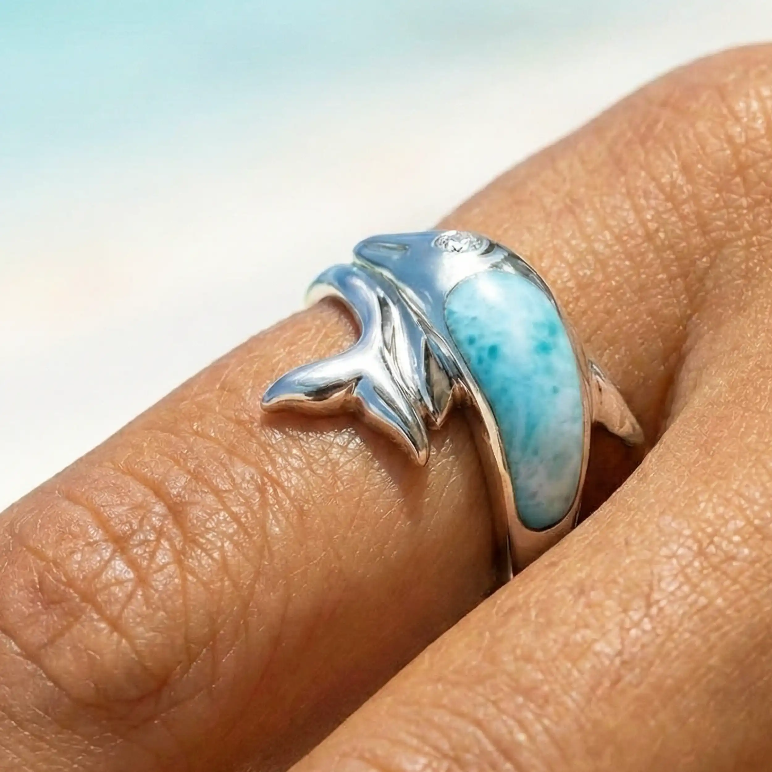 Dolphin Ring in sterling silver with larimar stones by Marahlago Jewelry