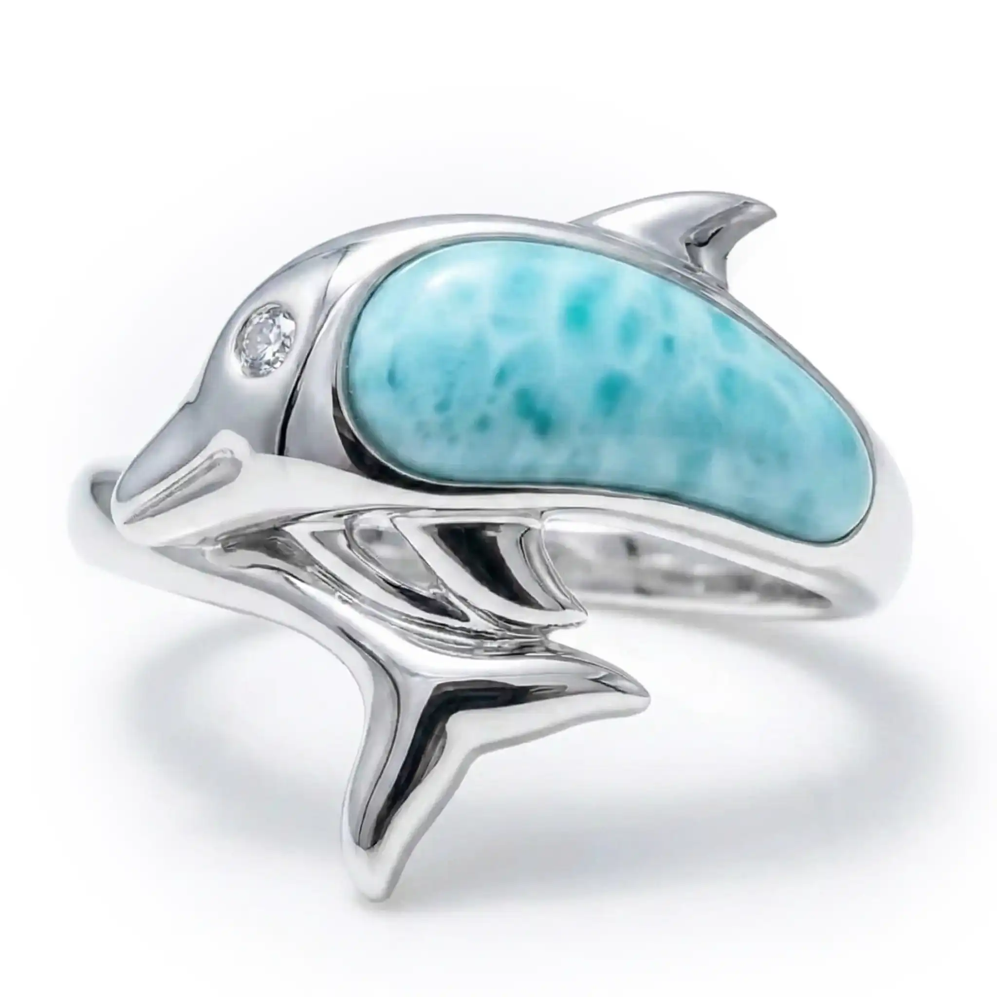 Dolphin Ring in sterling silver with larimar stones by Marahlago Jewelry