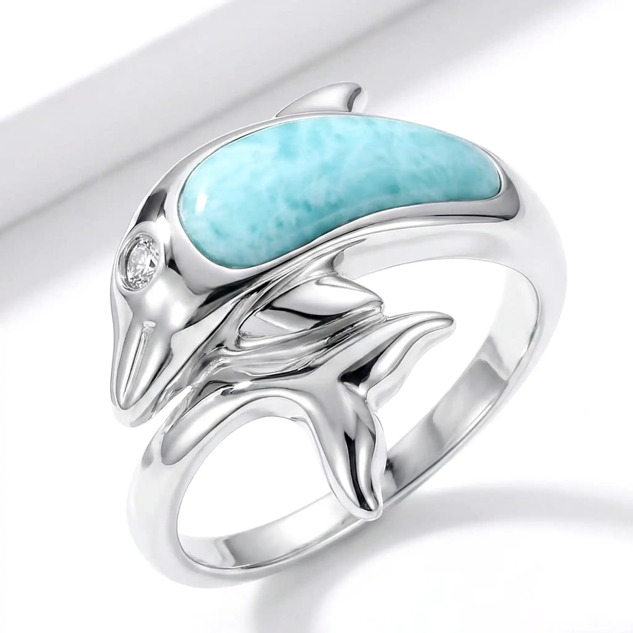 Dolphin Ring in sterling silver with larimar stones by Marahlago Jewelry