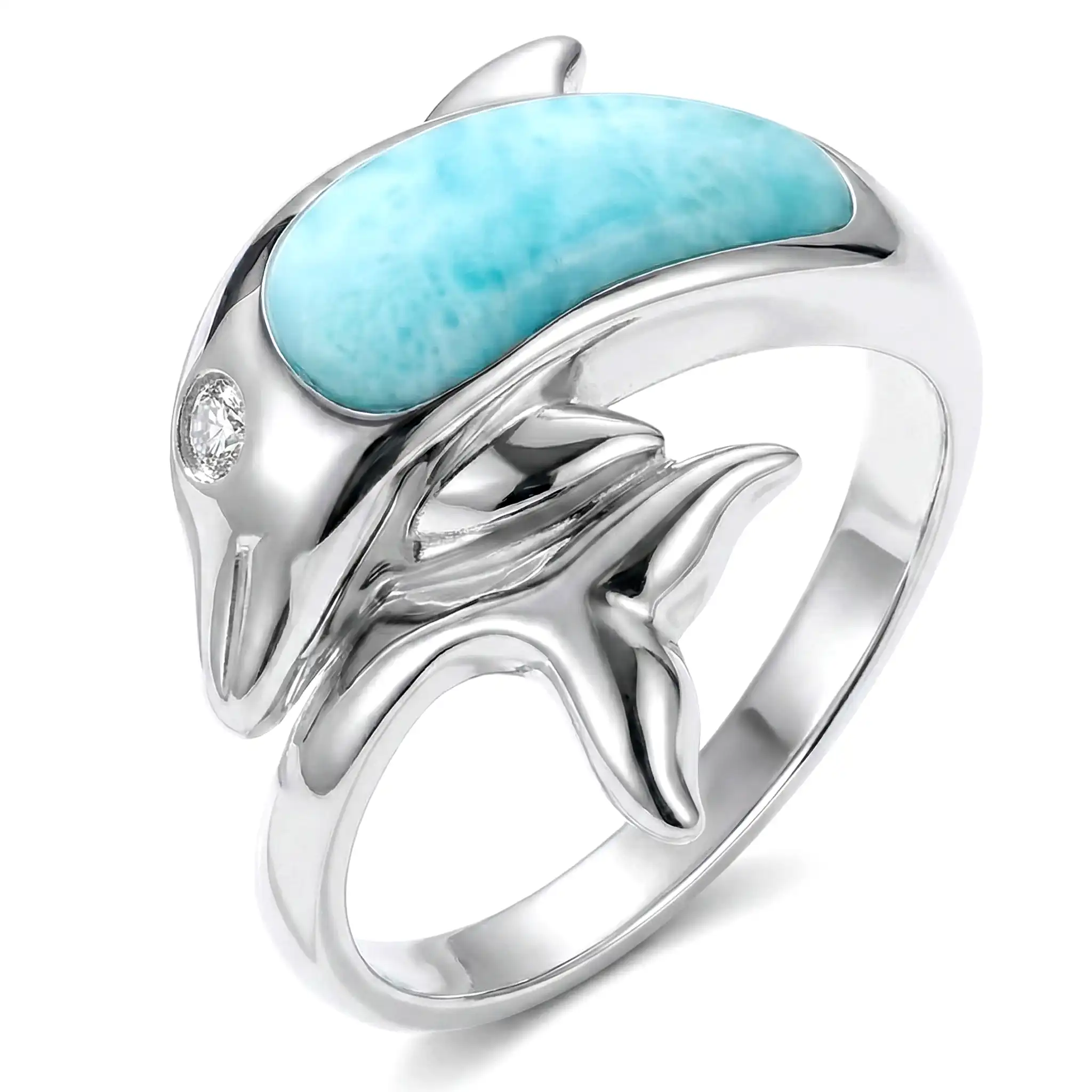 Dolphin Ring in sterling silver with larimar stones by Marahlago Jewelry