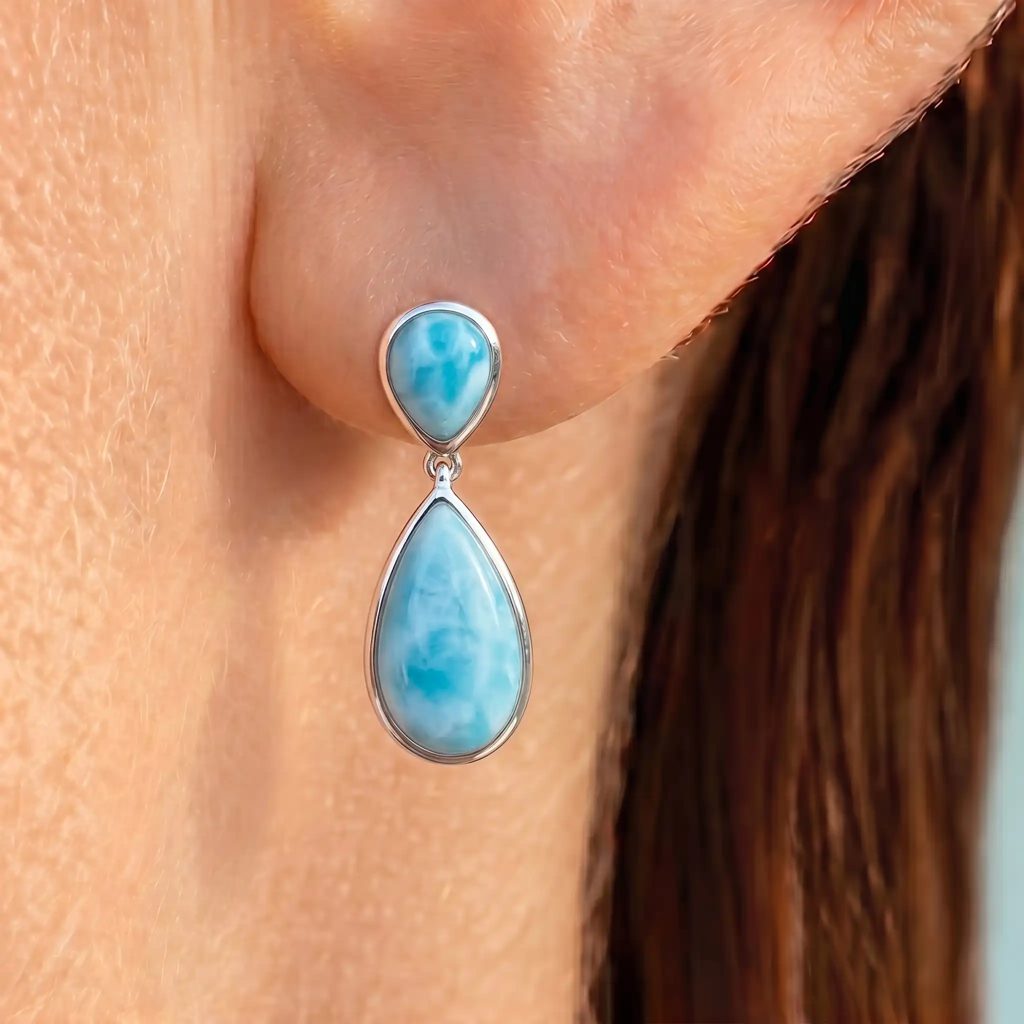 Larimar Double Pear Sterling Silver Earrings Marahlago