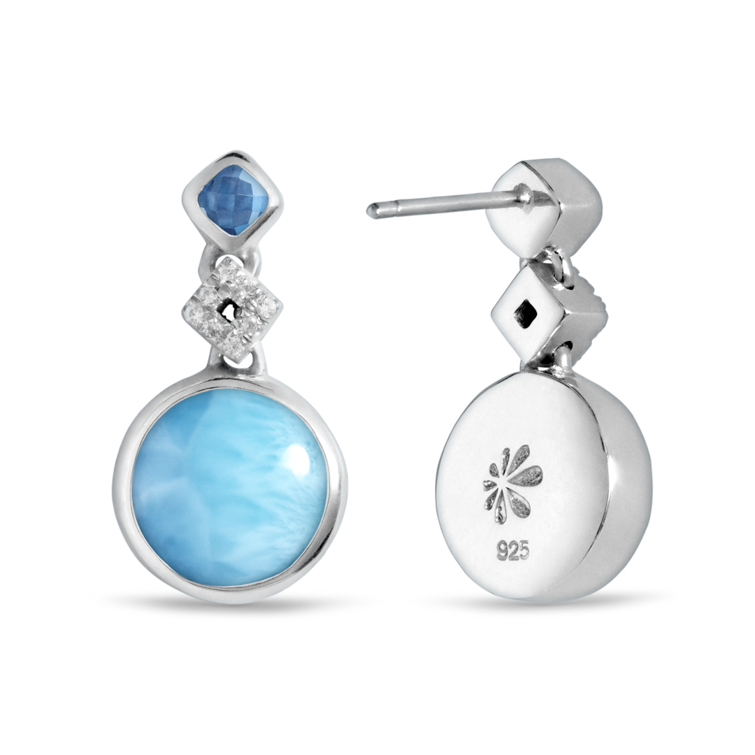 Larimar Sterling Silver Alexandria Post Earrings Marahlago Jewelry round Gemstone Blue Topaz White Sapphire 