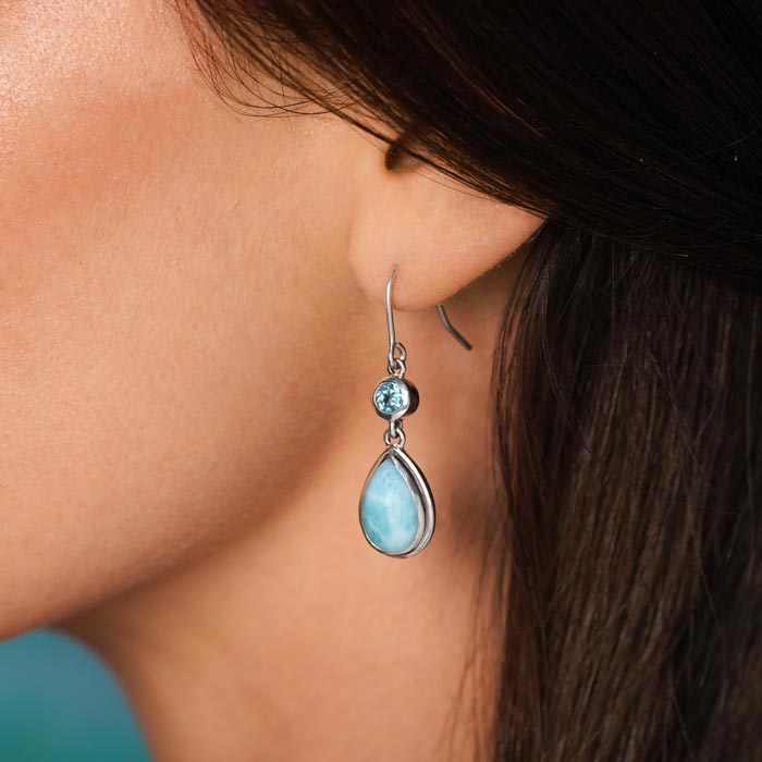 Larimar Sterling Silver Atlantic Pear Wire Earrings Marahlago Jewelry pear Gemstone Blue Topaz 