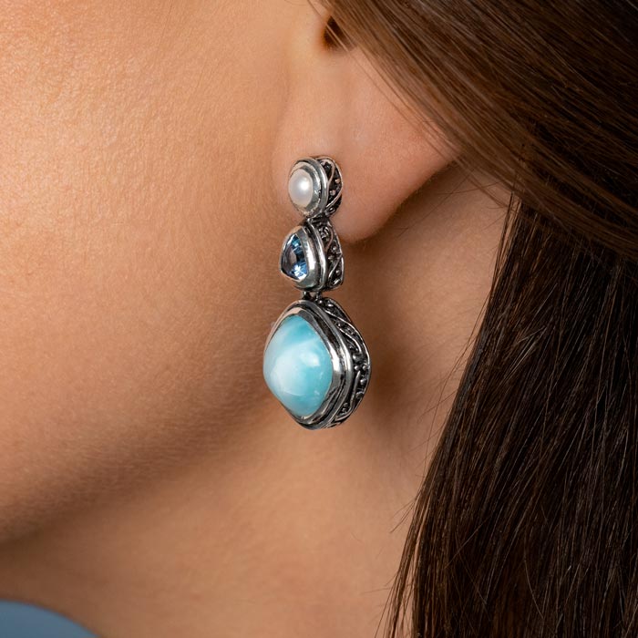 Larimar Sterling Silver Azure Cushion Post Earrings Marahlago Jewelry square Gemstone Blue Topaz Freshwater Pearl Silver Blue female