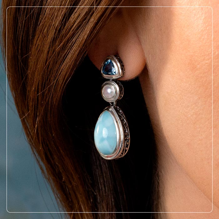Larimar Sterling Silver Azure Pear Post Earrings Marahlago Jewelry pear Gemstone Blue Topaz Freshwater Pearl