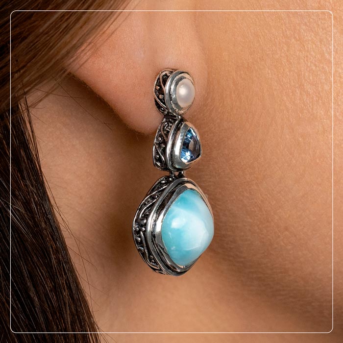 Antique style Earrings in silver with larimar